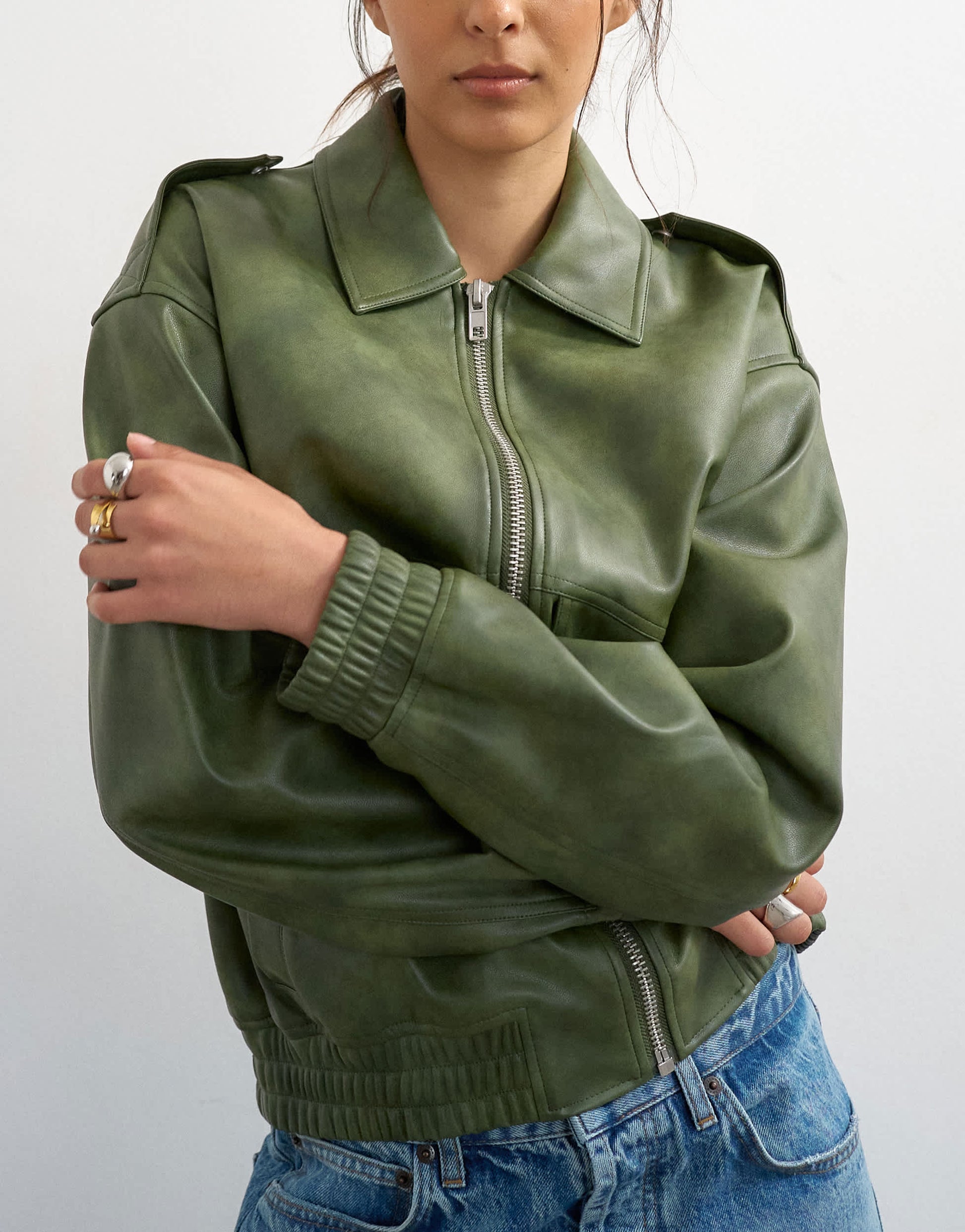 Topshop faux leather cropped bomber jacket with patch pocket in washed green