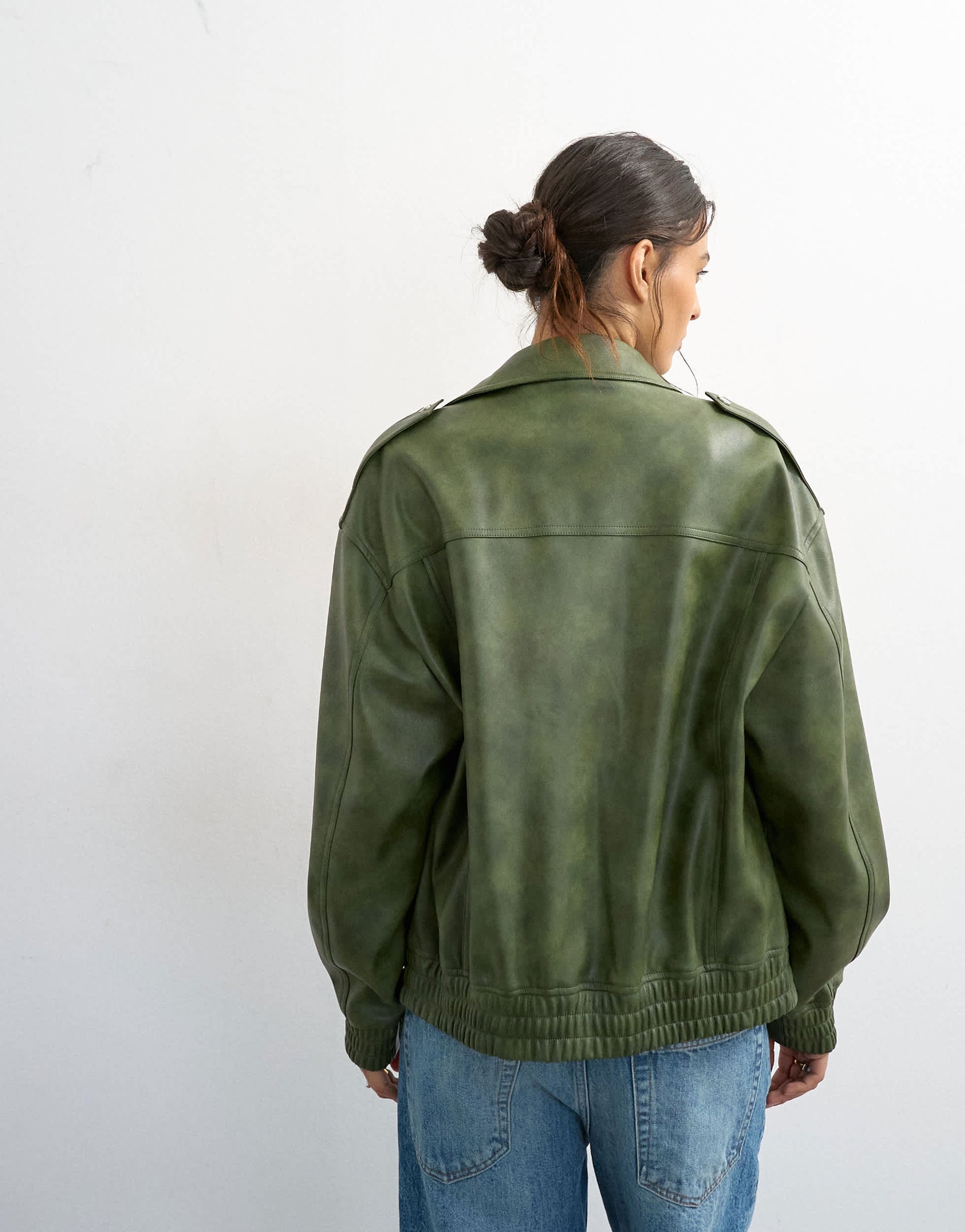 Topshop faux leather cropped bomber jacket with patch pocket in washed green