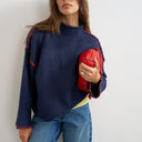 Topshop knitted roll edge blanket stitch jumper in navy