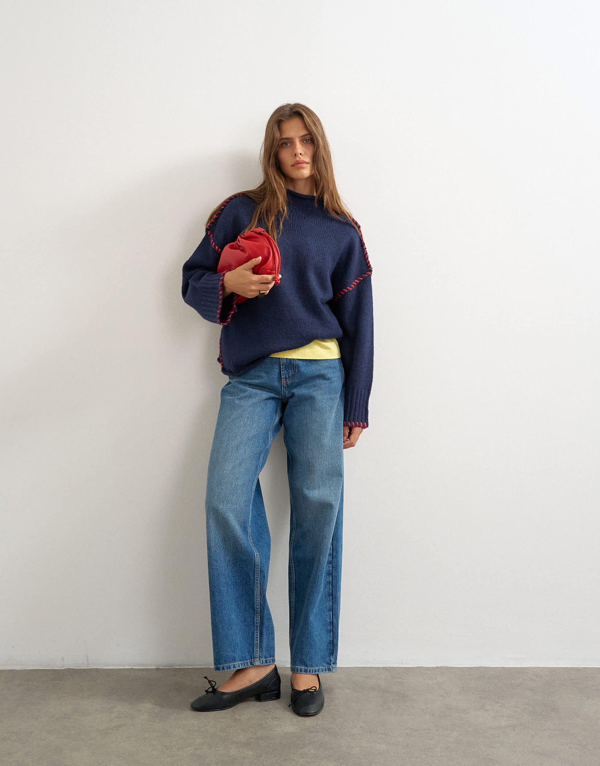 Topshop knitted roll edge blanket stitch jumper in navy