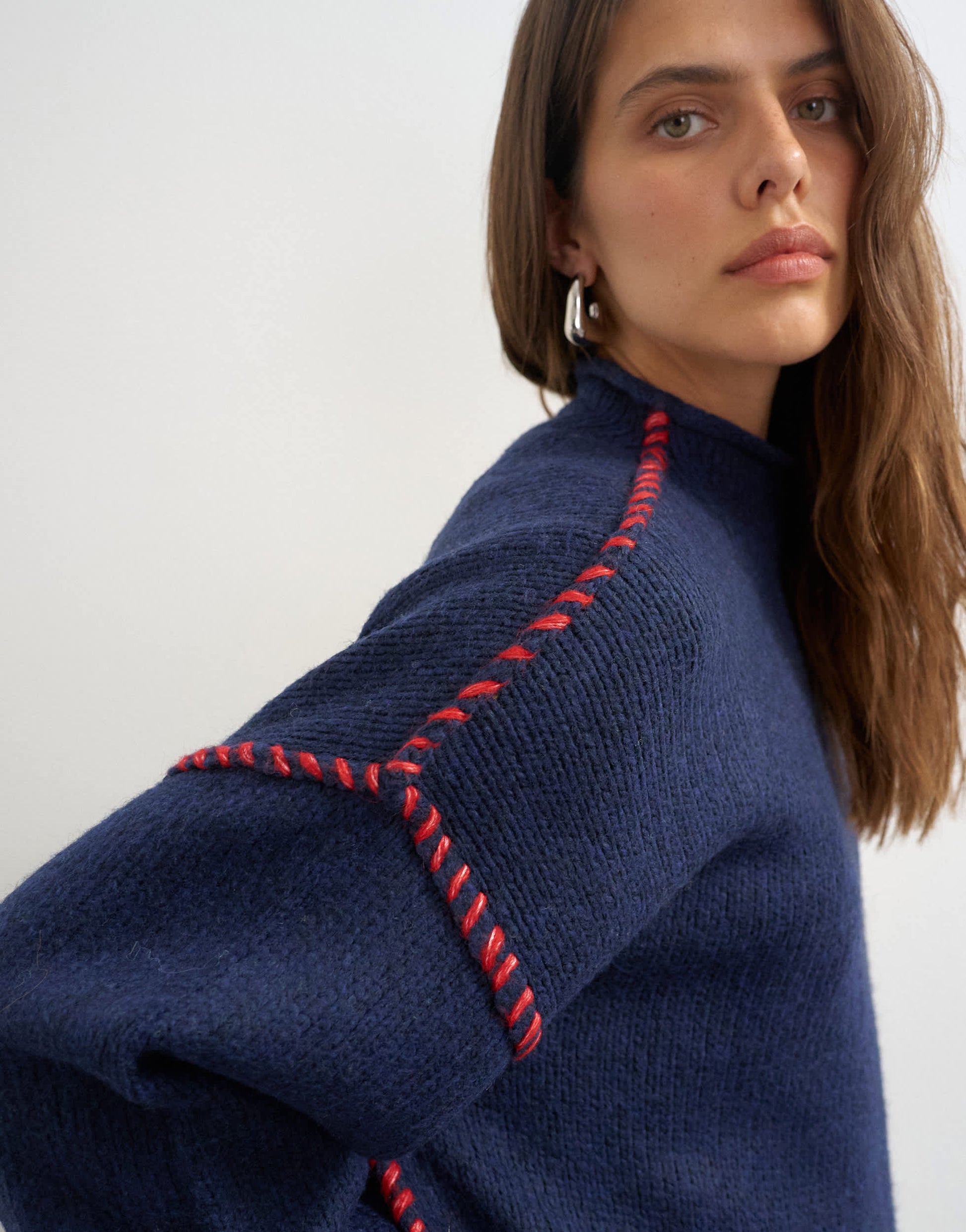 Topshop knitted roll edge blanket stitch jumper in navy