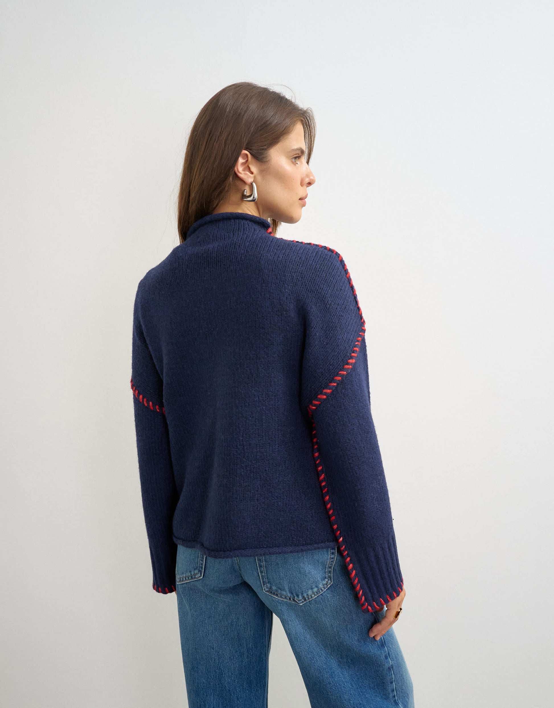 Topshop knitted roll edge blanket stitch jumper in navy