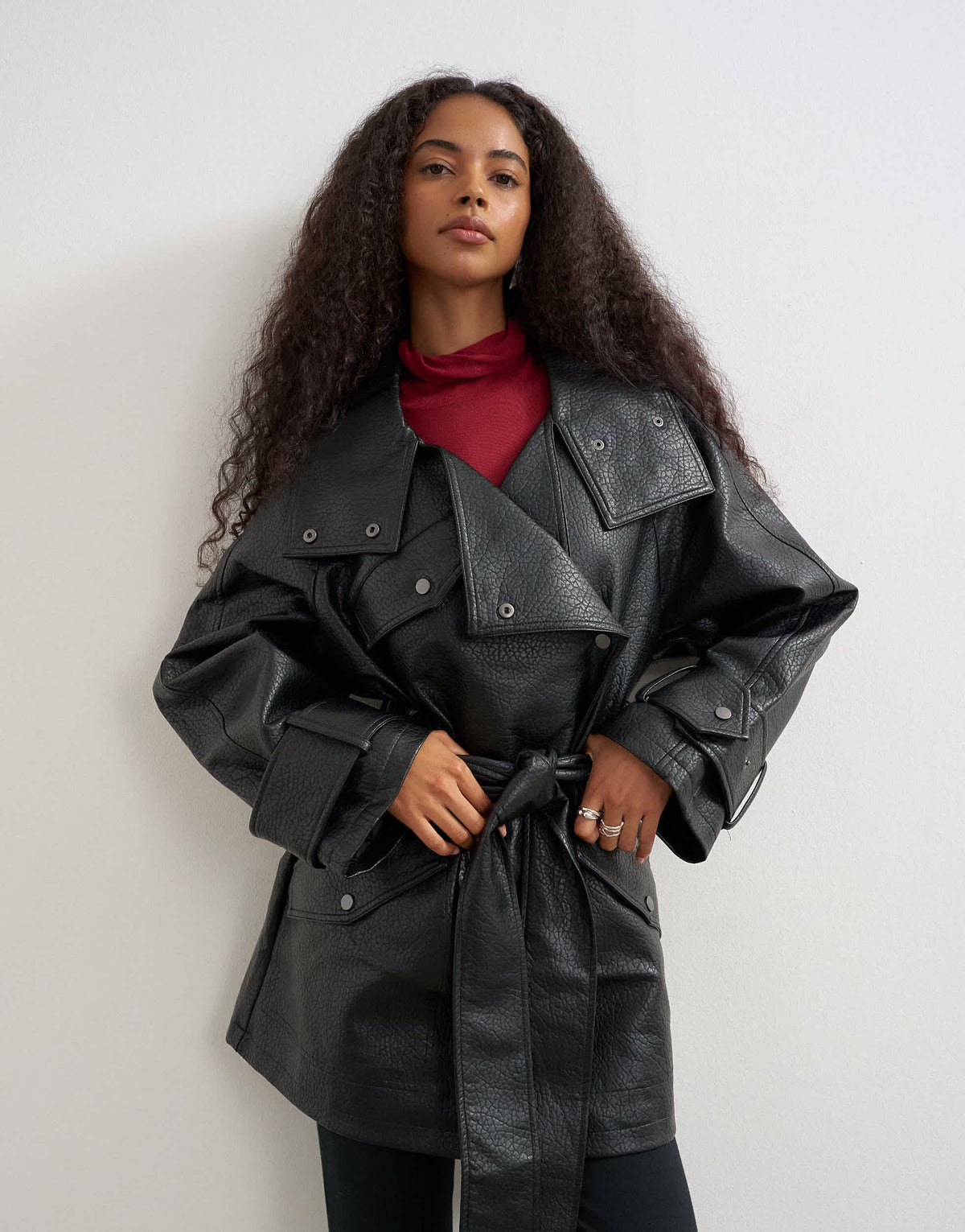 Topshop faux leather mid length belted jacket in black