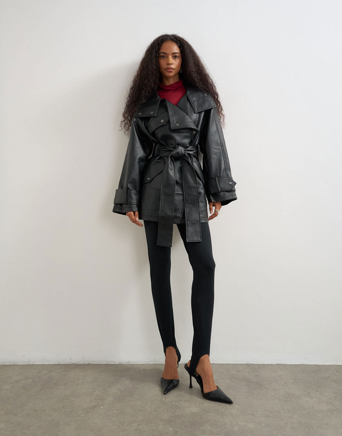 Topshop faux leather mid length belted jacket in black