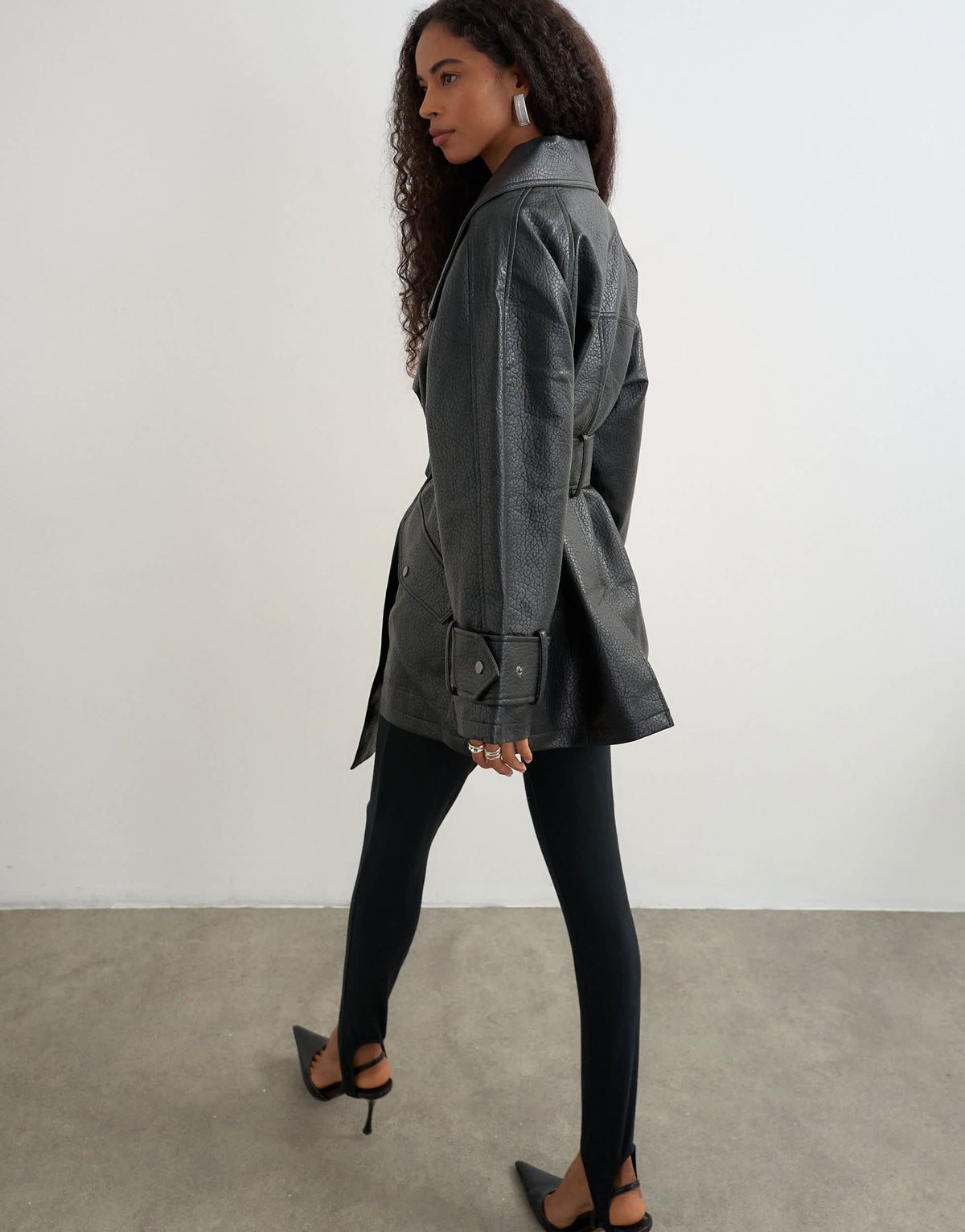 Topshop faux leather mid length belted jacket in black