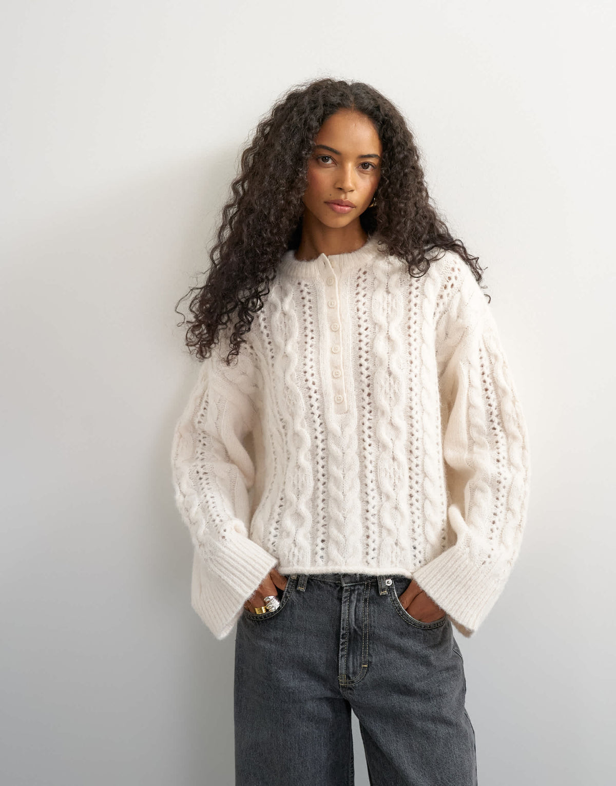 Topshop knitted easy Henley neck cable jumper in oat