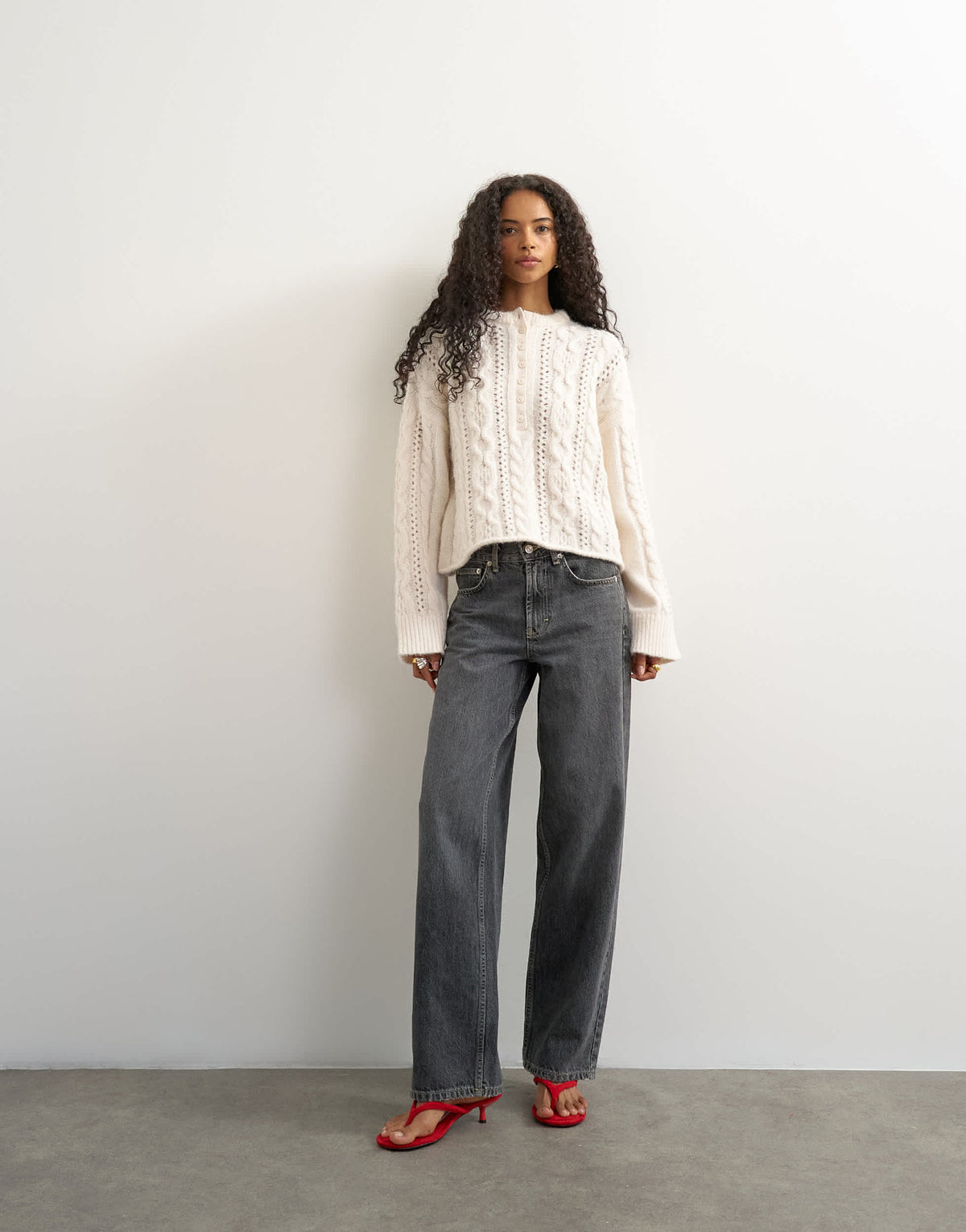 Topshop knitted easy Henley neck cable jumper in oat
