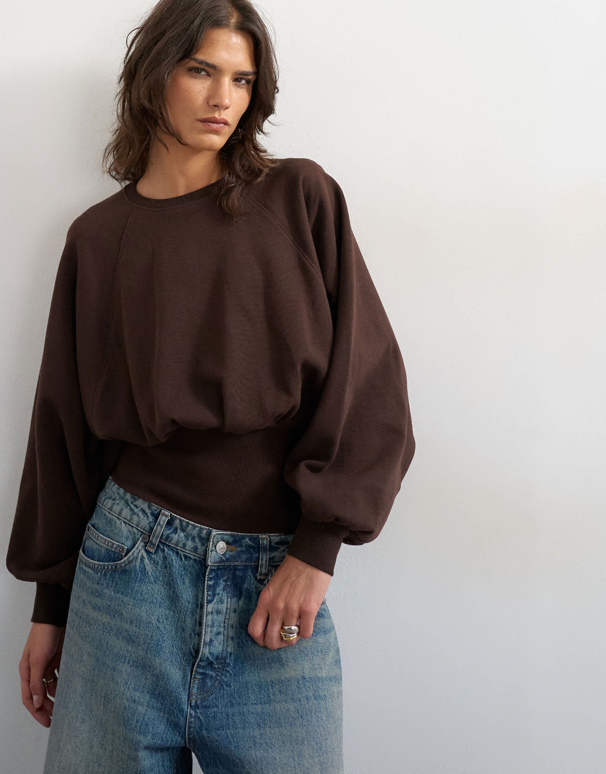 Topshop raglan cinch waist ruched sweat in chocolate