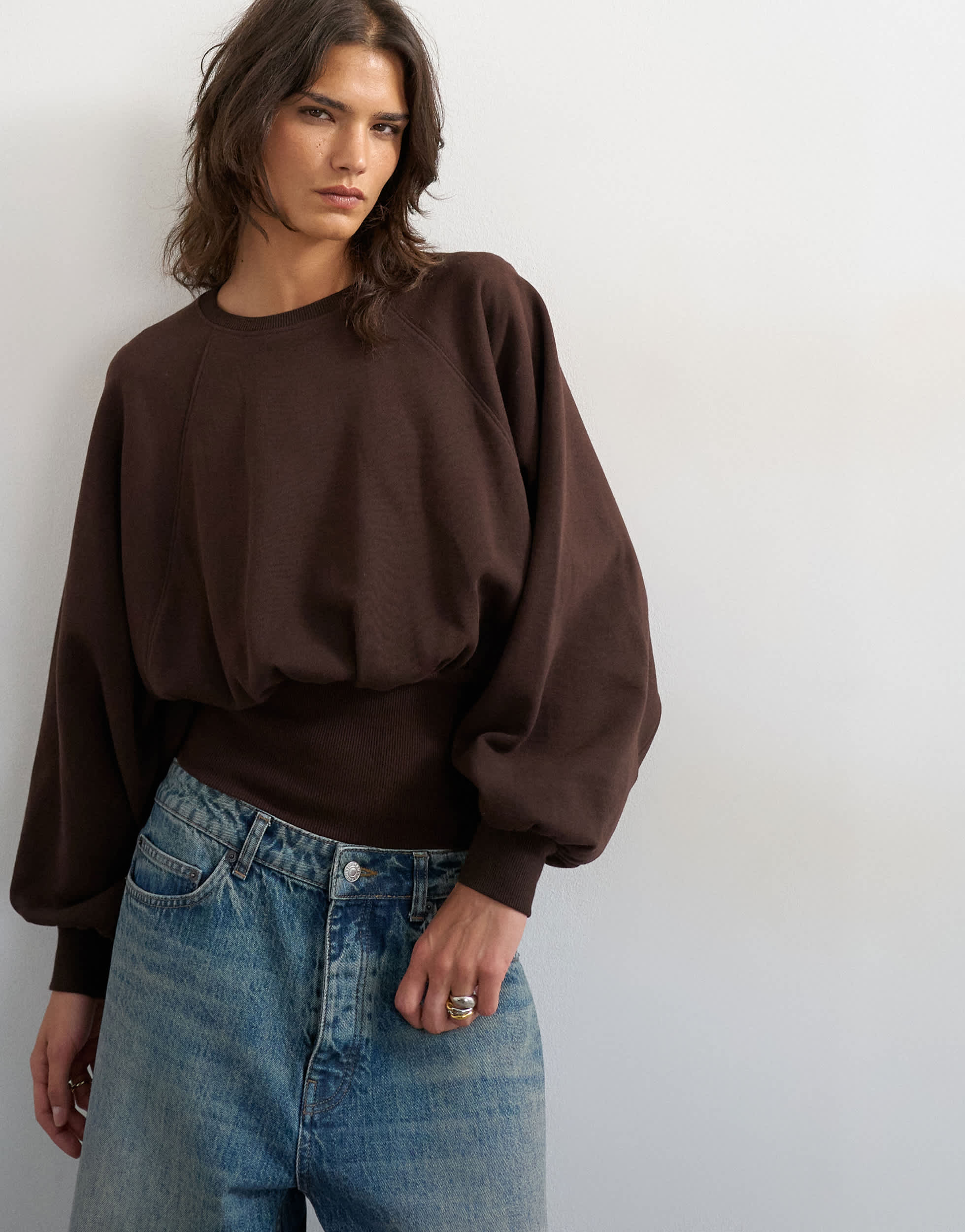 Topshop raglan cinch waist ruched sweat in chocolate