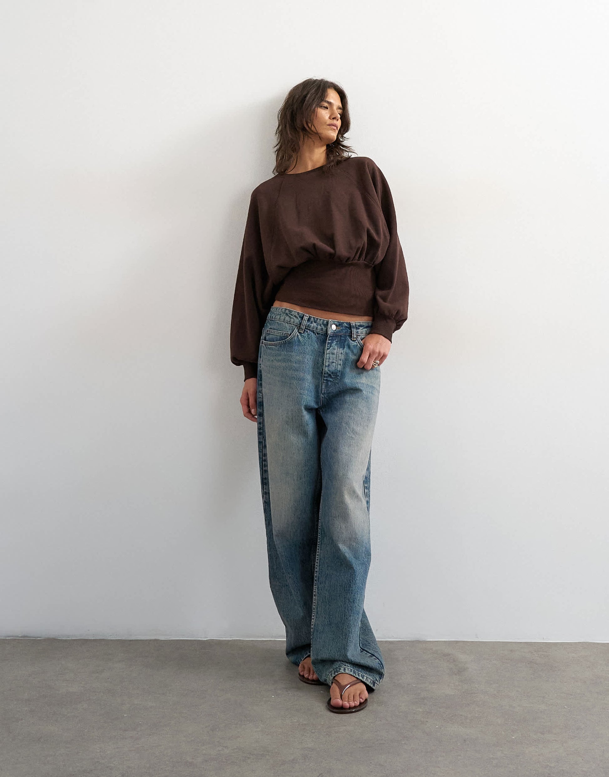 Topshop raglan cinch waist ruched sweat in chocolate