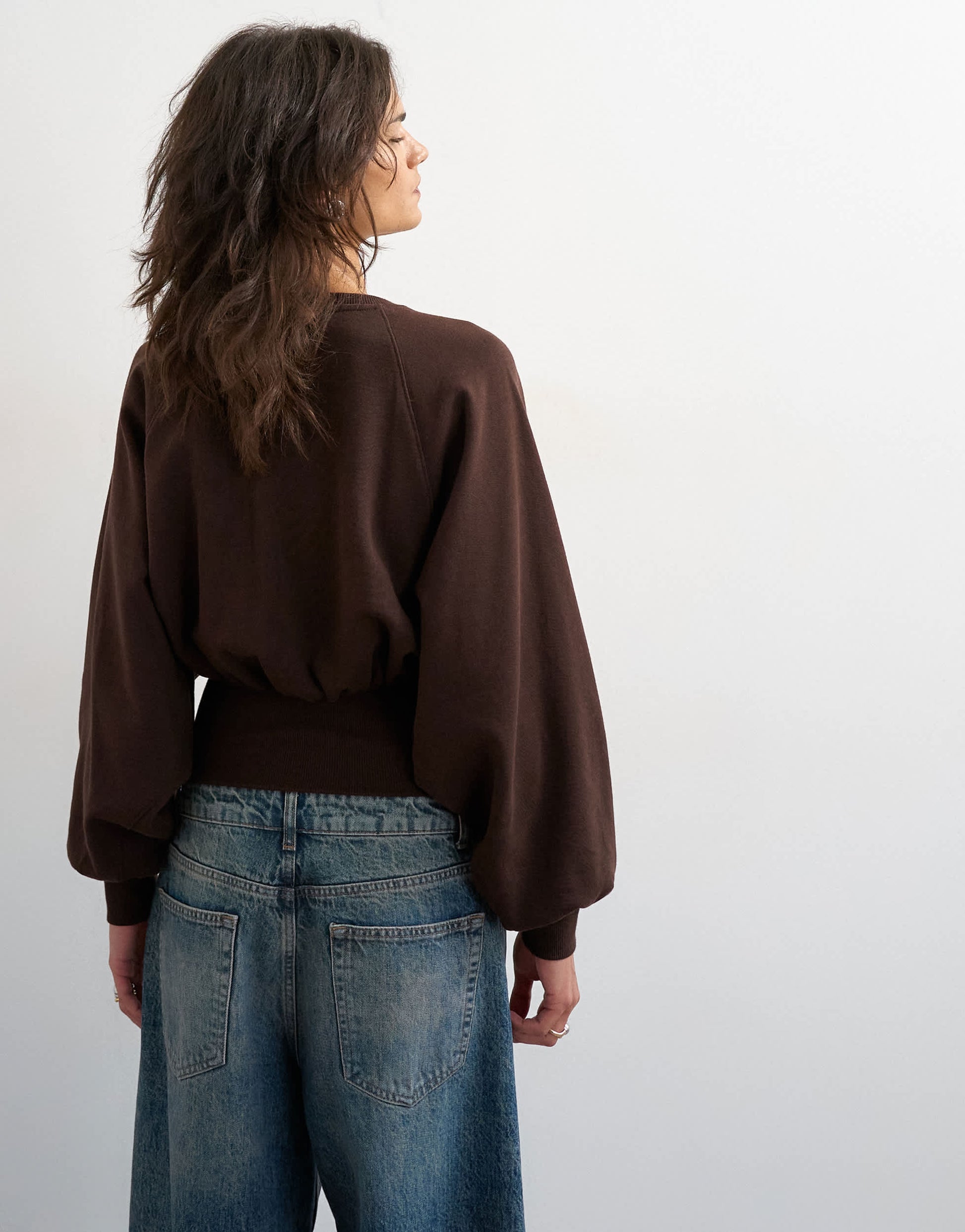 Topshop raglan cinch waist ruched sweat in chocolate