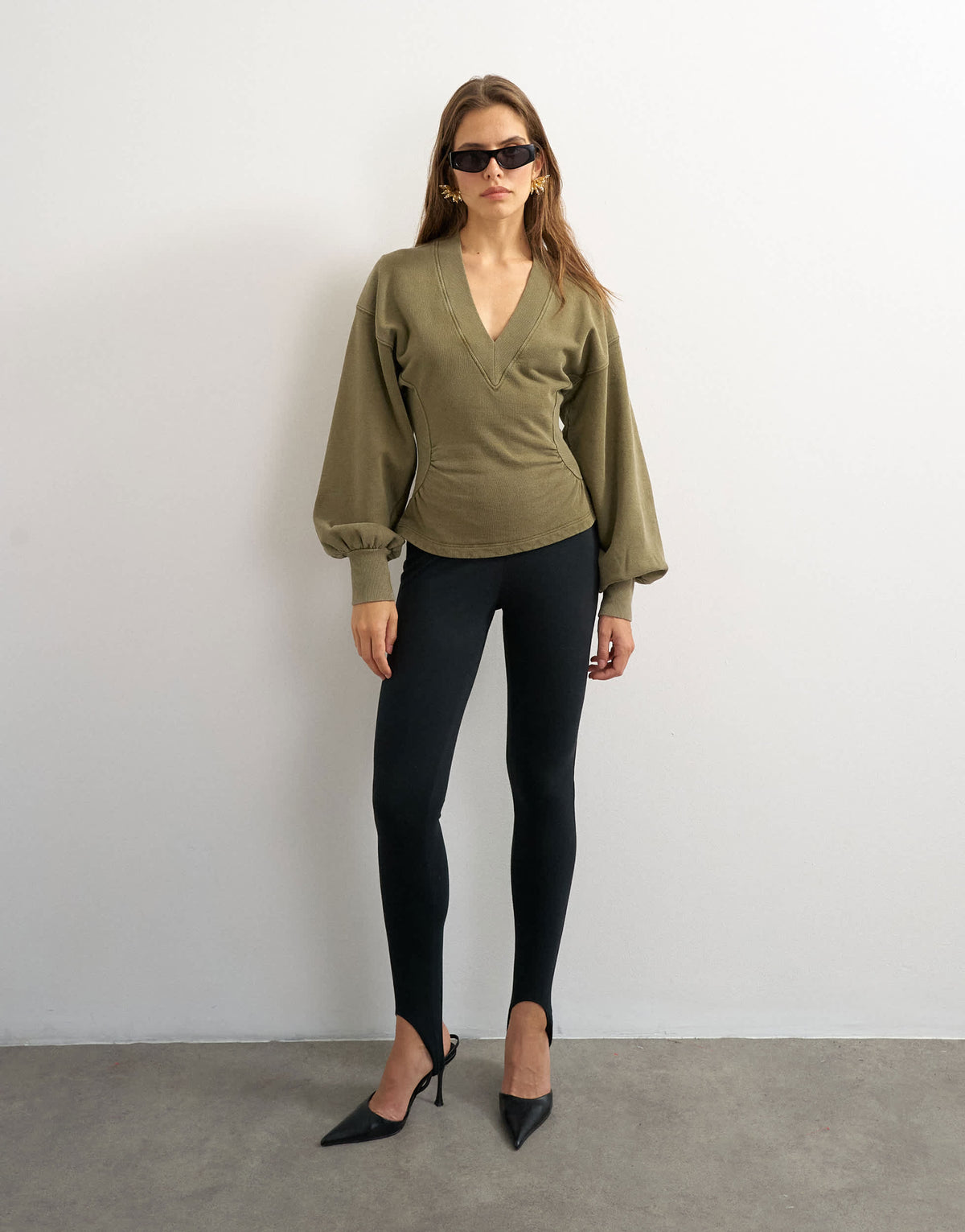 Topshop v-neck cinch waist sweat in khaki