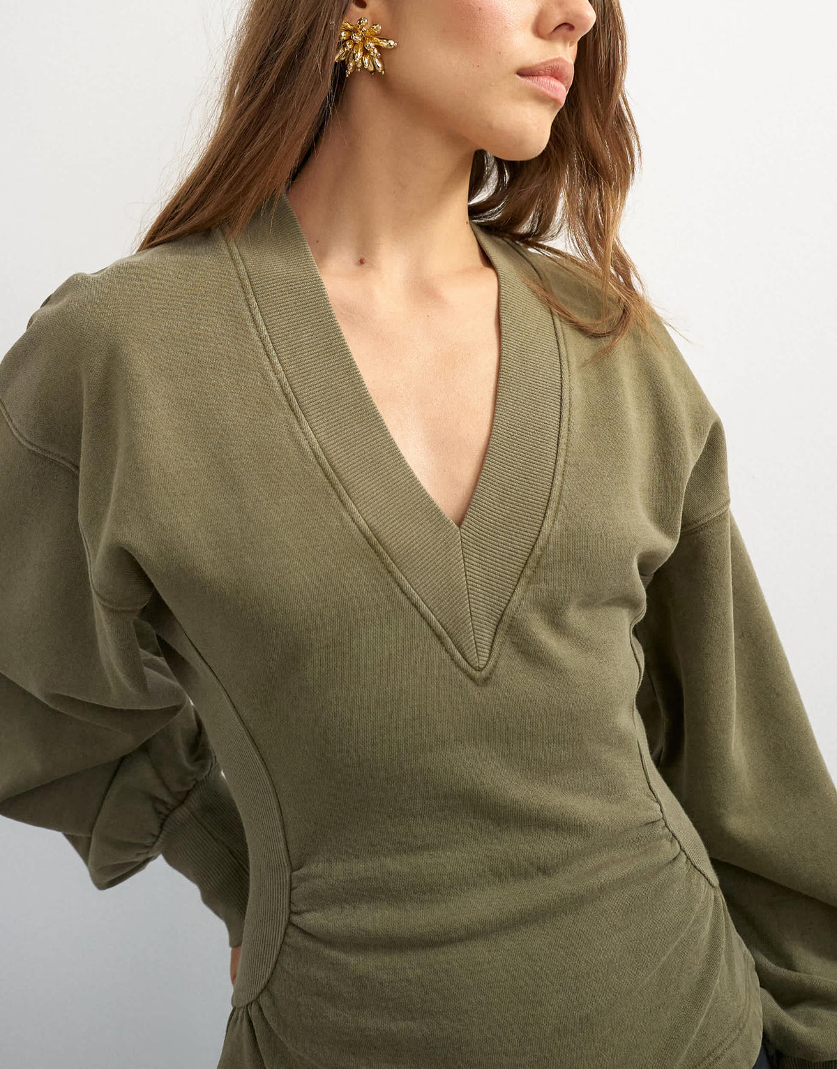 Topshop v-neck cinch waist sweat in khaki