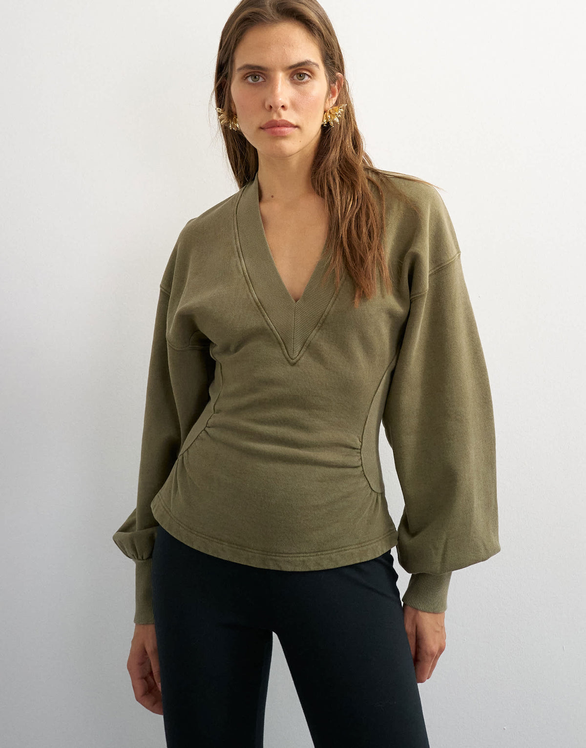 Topshop v-neck cinch waist sweat in khaki