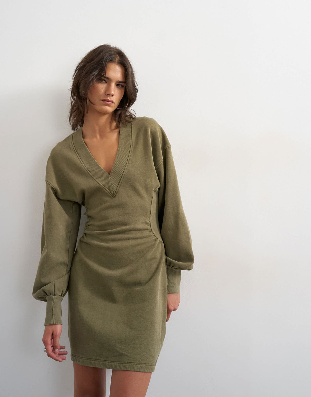 Topshop v-neck cinch waist sweat mini dress in khaki
