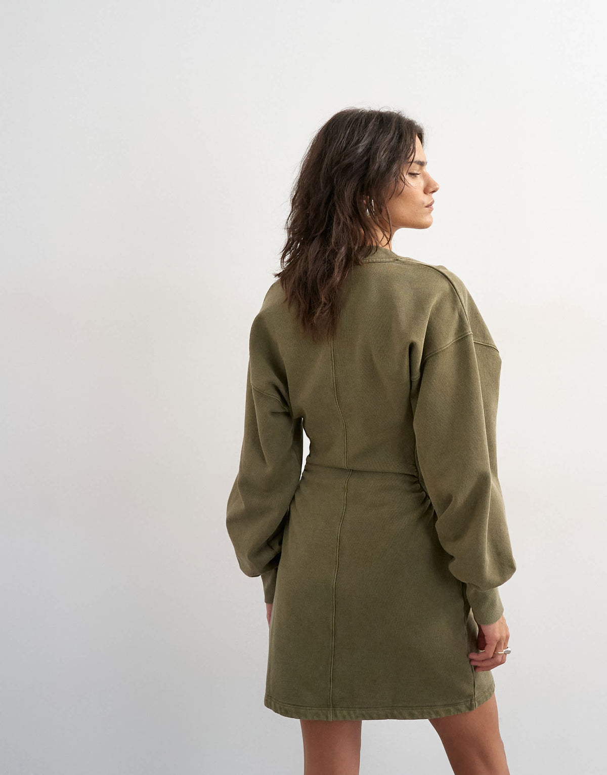 Topshop v-neck cinch waist sweat mini dress in khaki