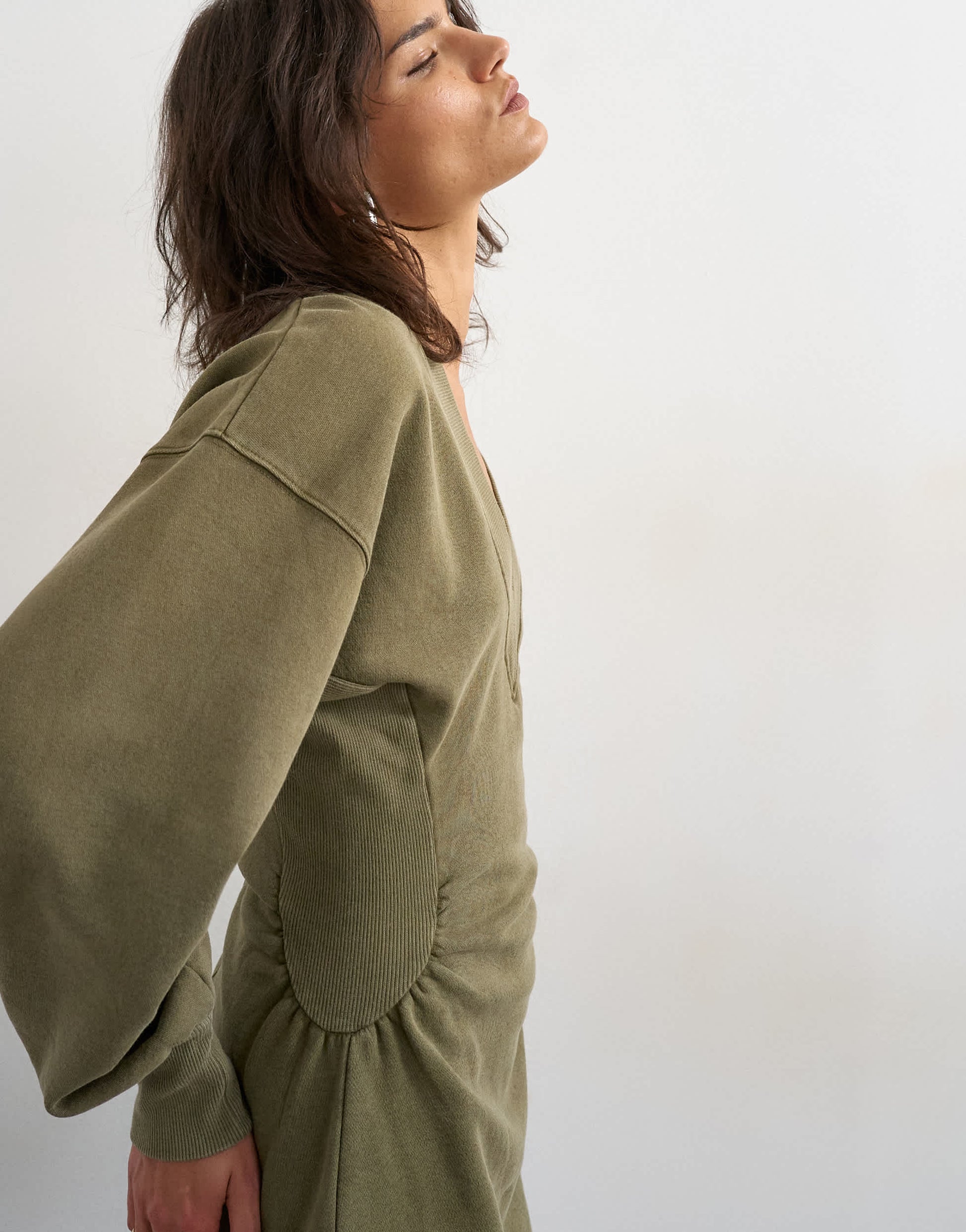 Topshop v-neck cinch waist sweat mini dress in khaki