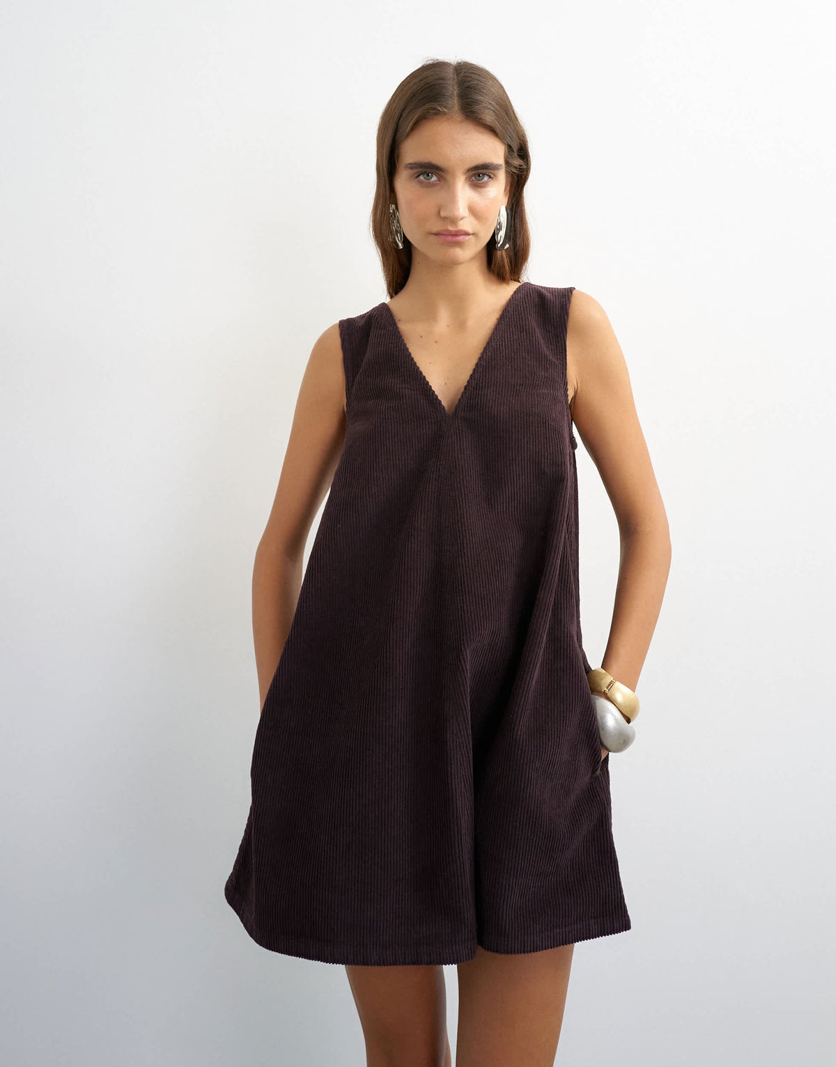Topshop denim cord pinny v neck mini dress in chocolate