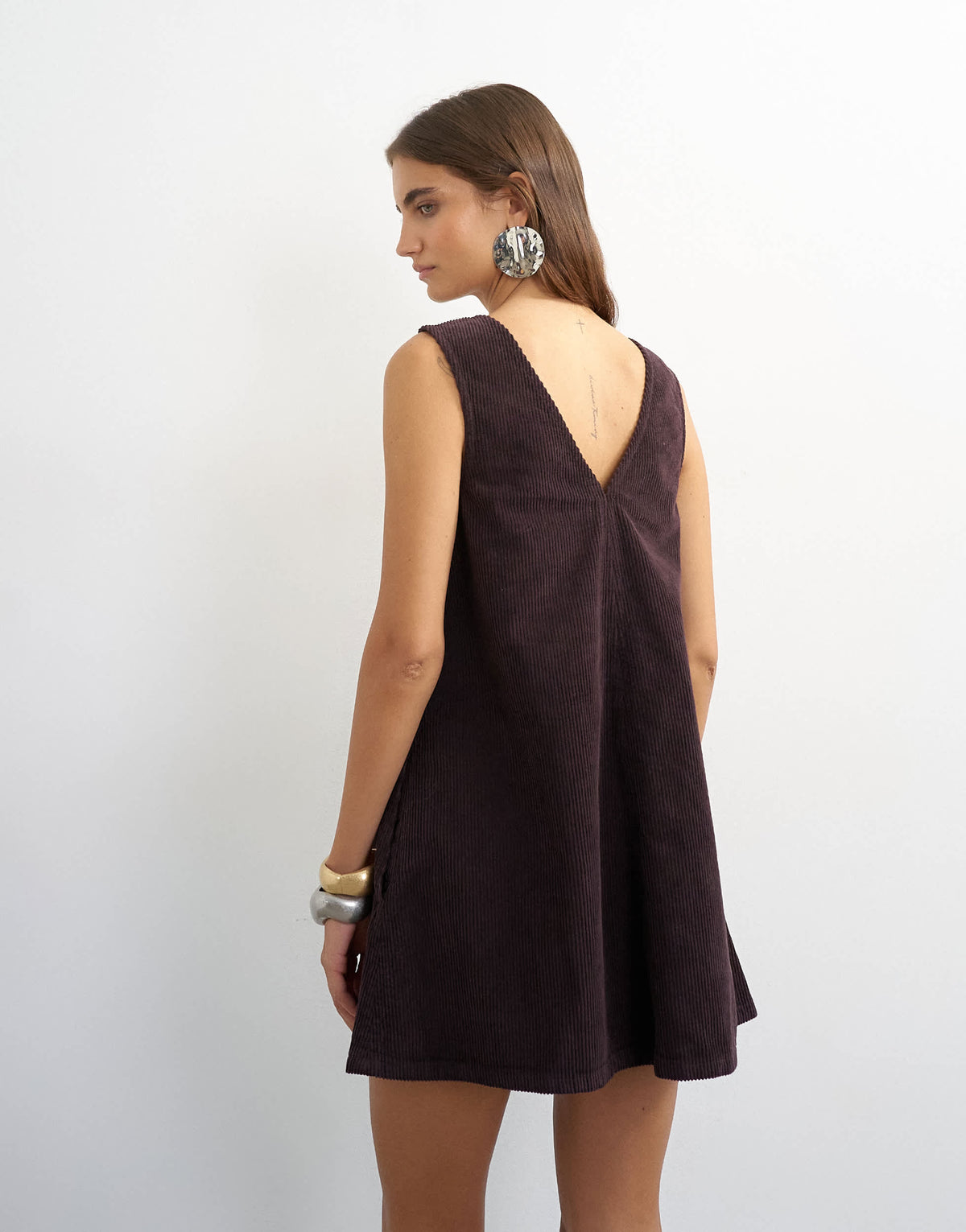 Topshop denim cord pinny v neck mini dress in chocolate