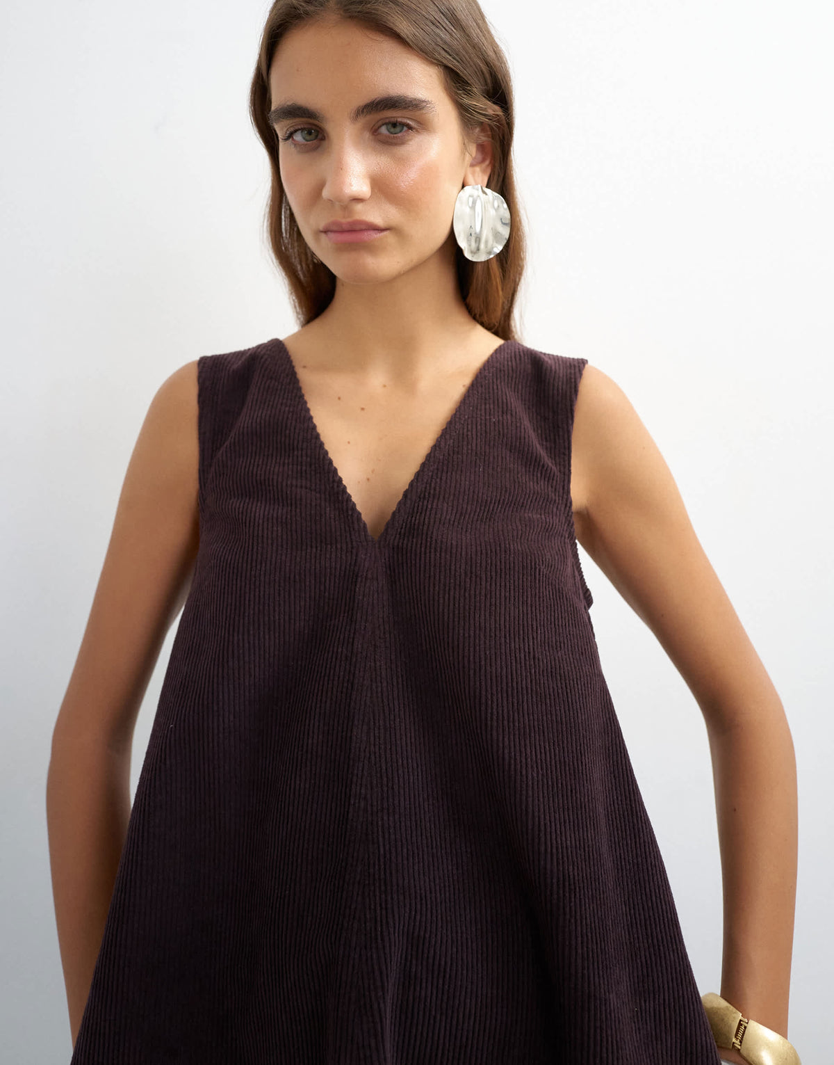 Topshop denim cord pinny v neck mini dress in chocolate