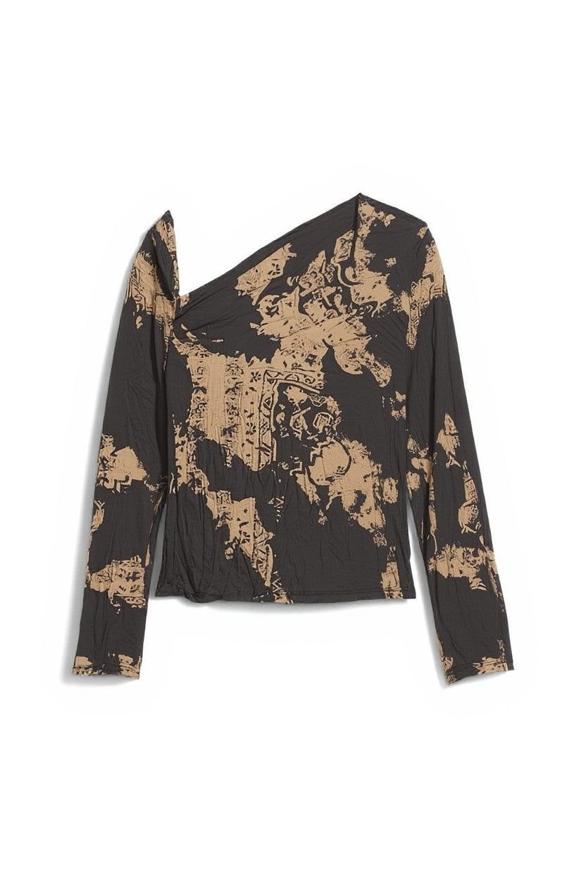 Topshop crinkle mesh print asymmetric neck long sleeve top in black