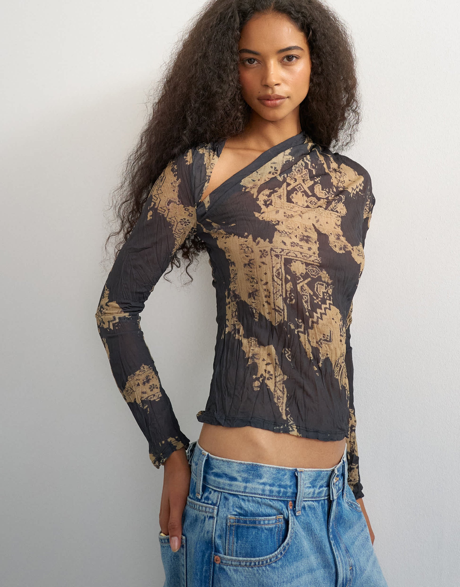 Topshop crinkle mesh print asymmetric neck long sleeve top in black