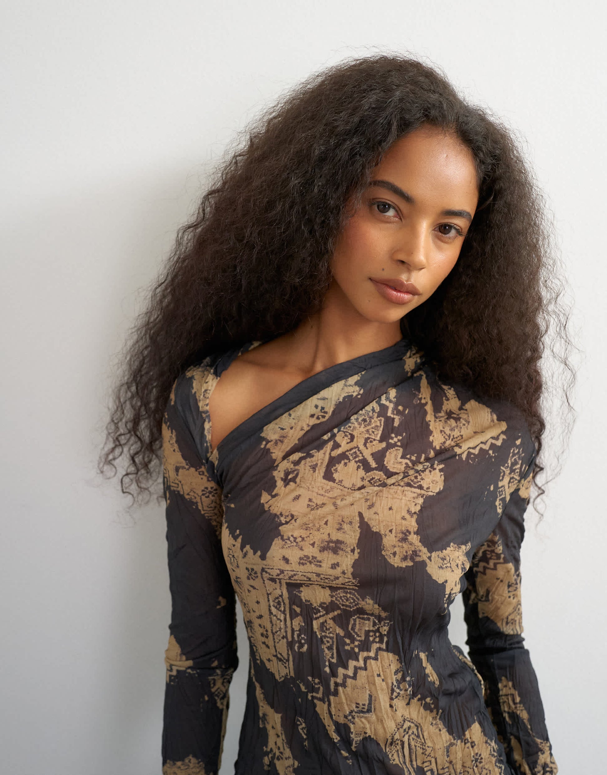 Topshop crinkle mesh print asymmetric neck long sleeve top in black