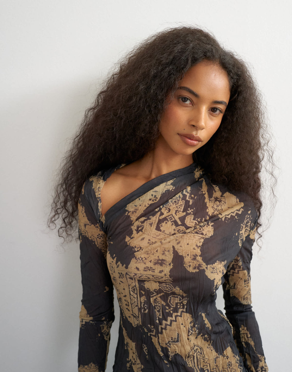 Topshop crinkle mesh print asymmetric neck long sleeve top in black