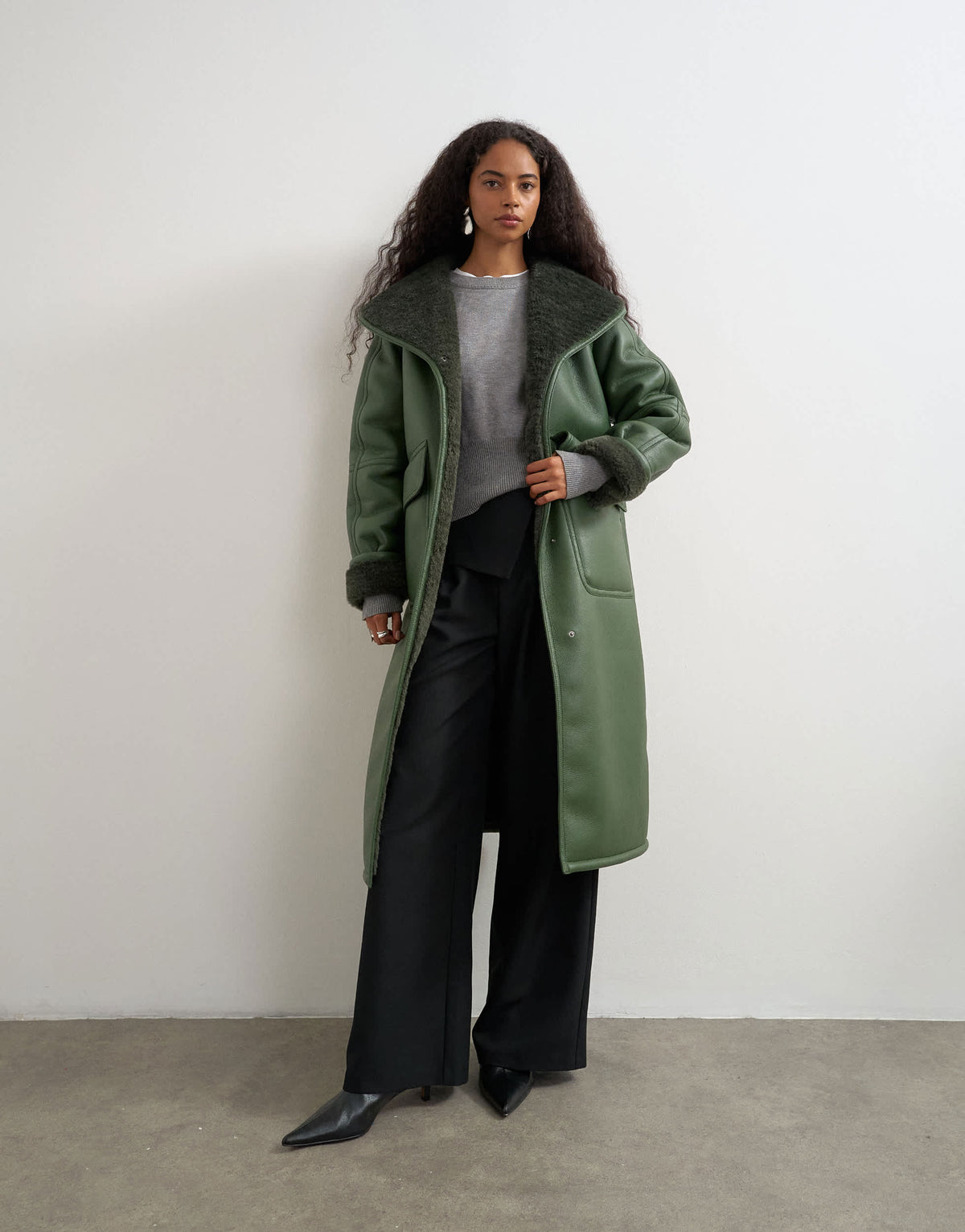 Topshop longline borg coat in green