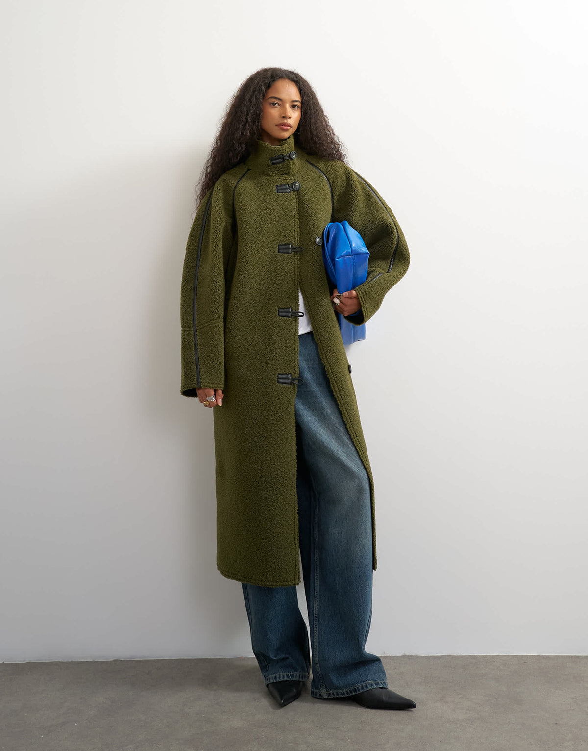 Topshop longline borg coat in green