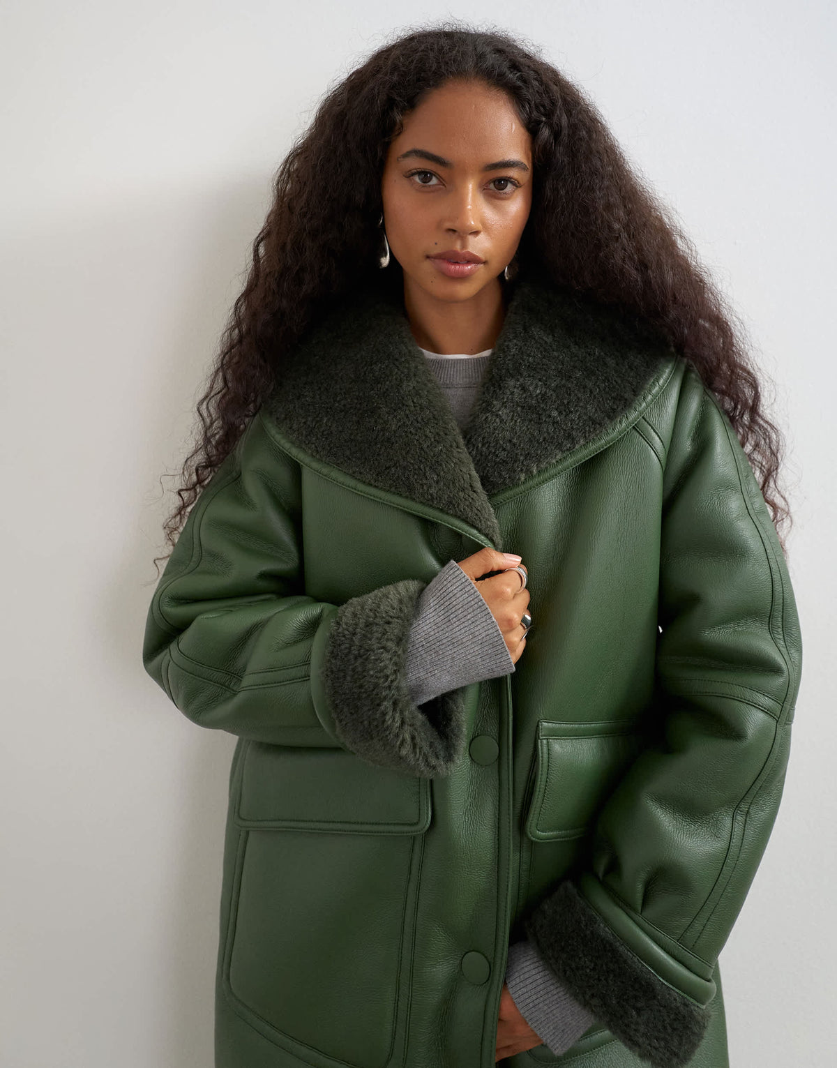 Topshop longline borg coat in green