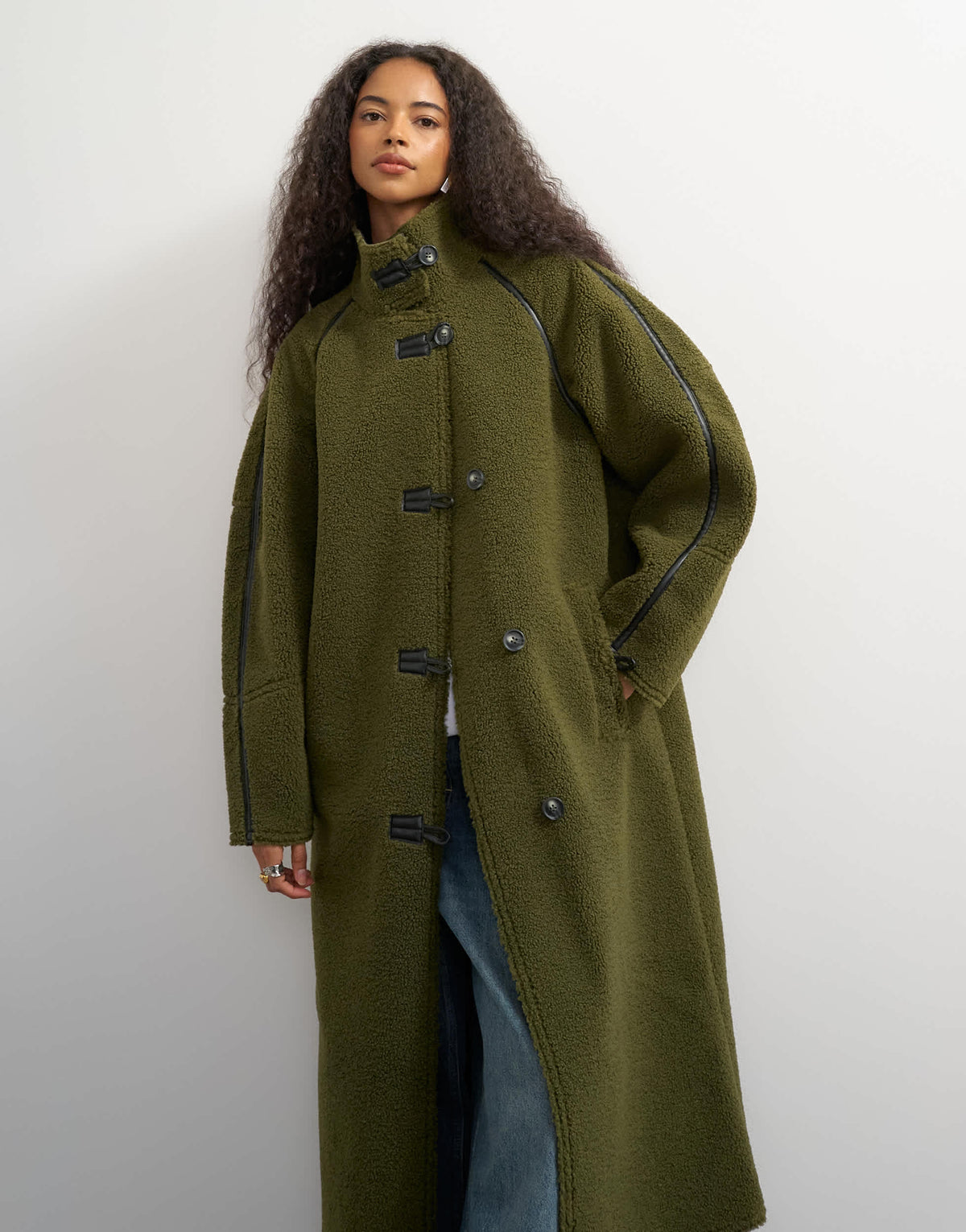 Topshop longline borg coat in green
