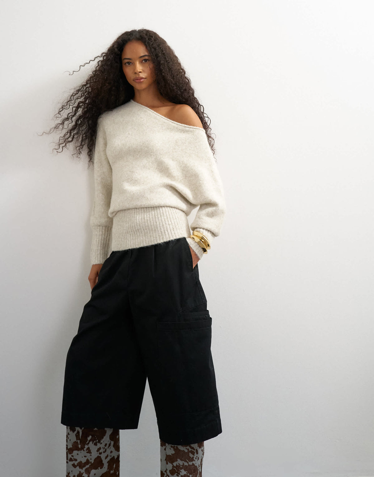 Topshop knitted asymmetric neck fluffy longline draped jumper with wool in latte