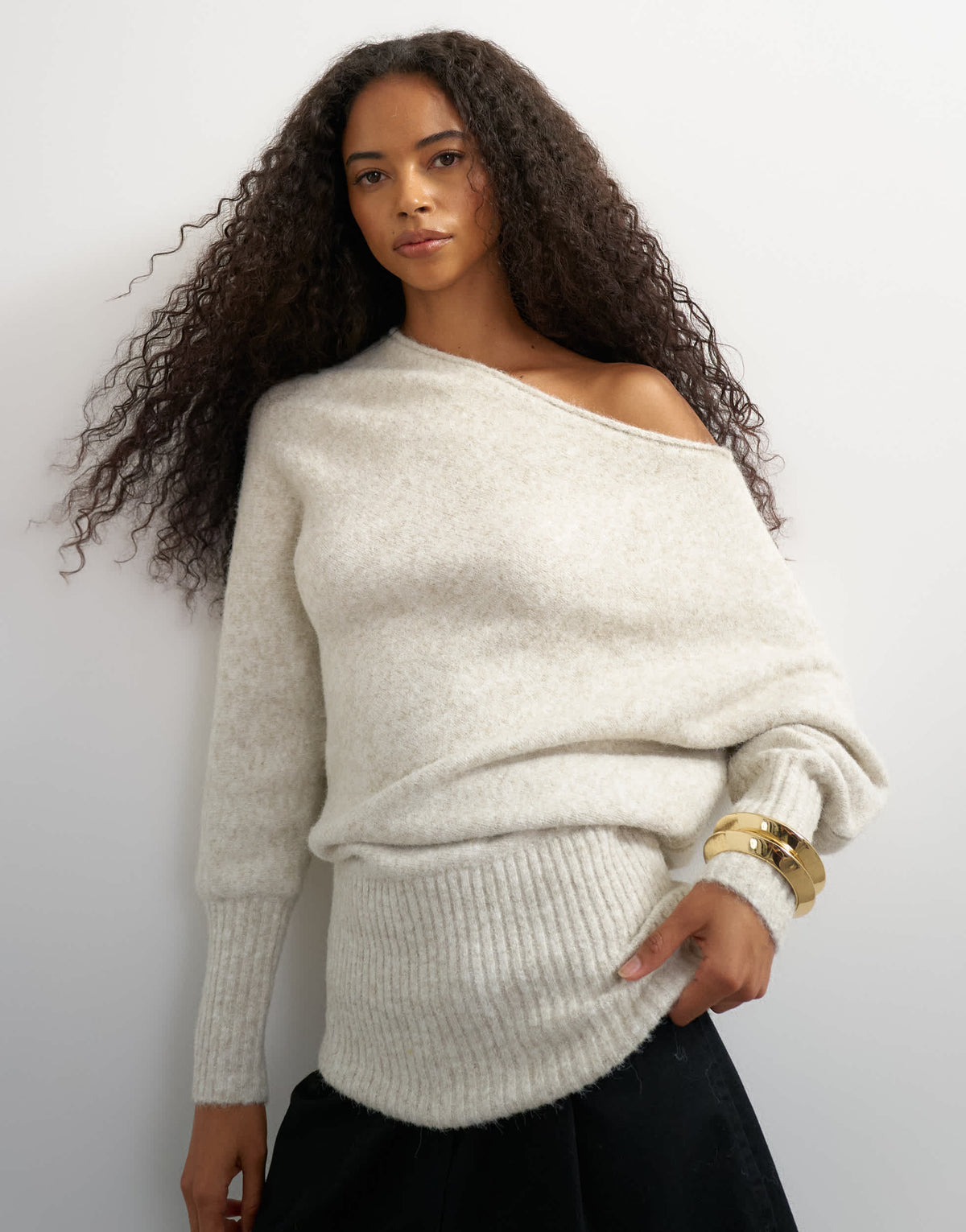 Topshop knitted asymmetric neck fluffy longline draped jumper with wool in latte