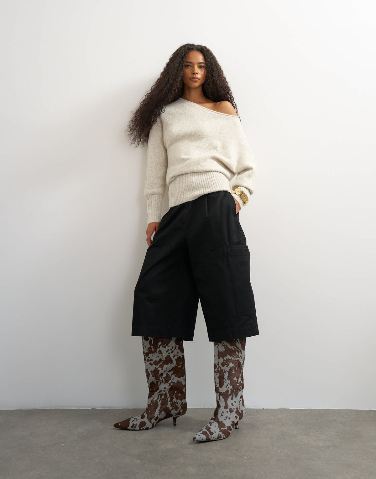 Topshop knitted asymmetric neck fluffy longline draped jumper with wool in latte