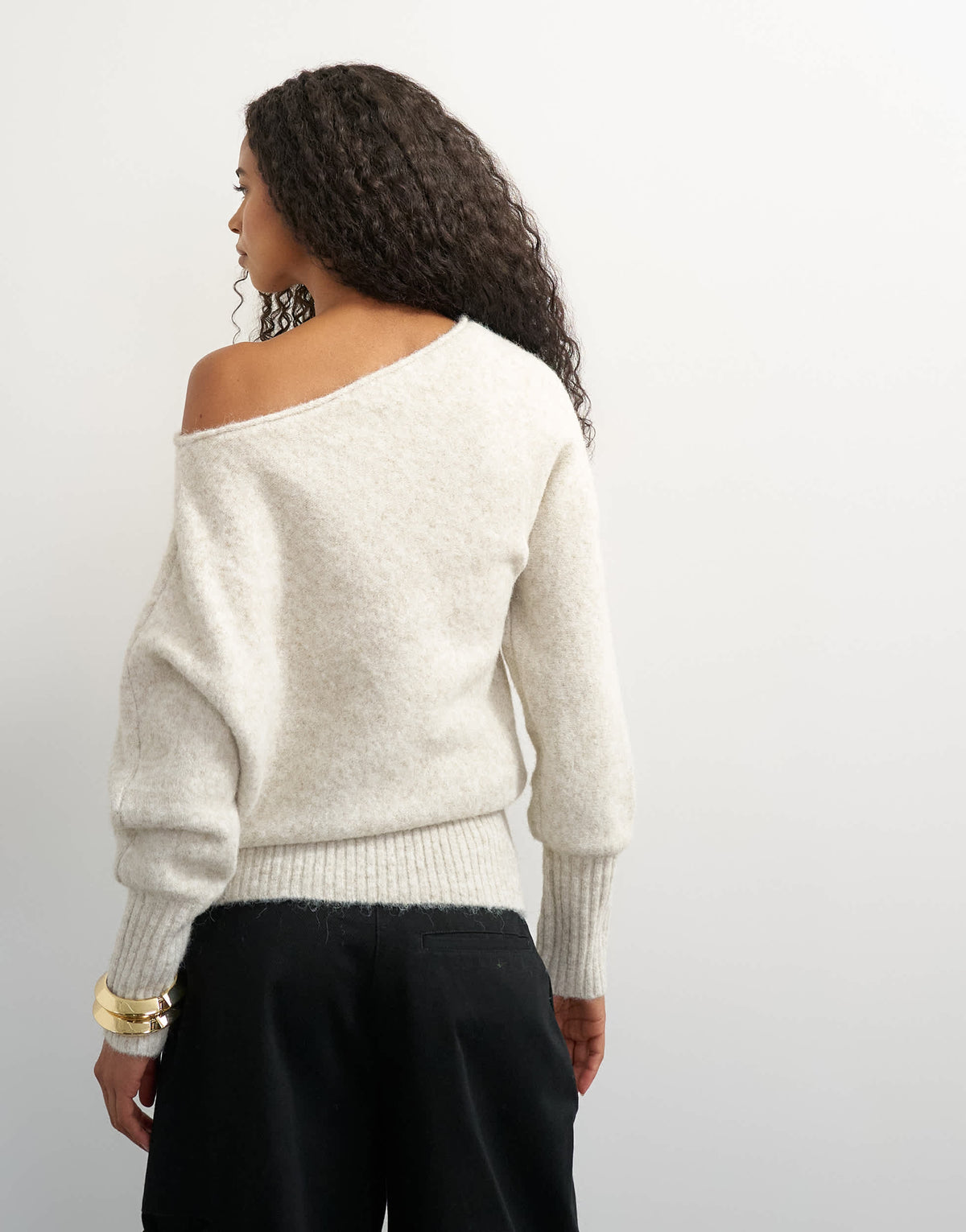 Topshop knitted asymmetric neck fluffy longline draped jumper with wool in latte