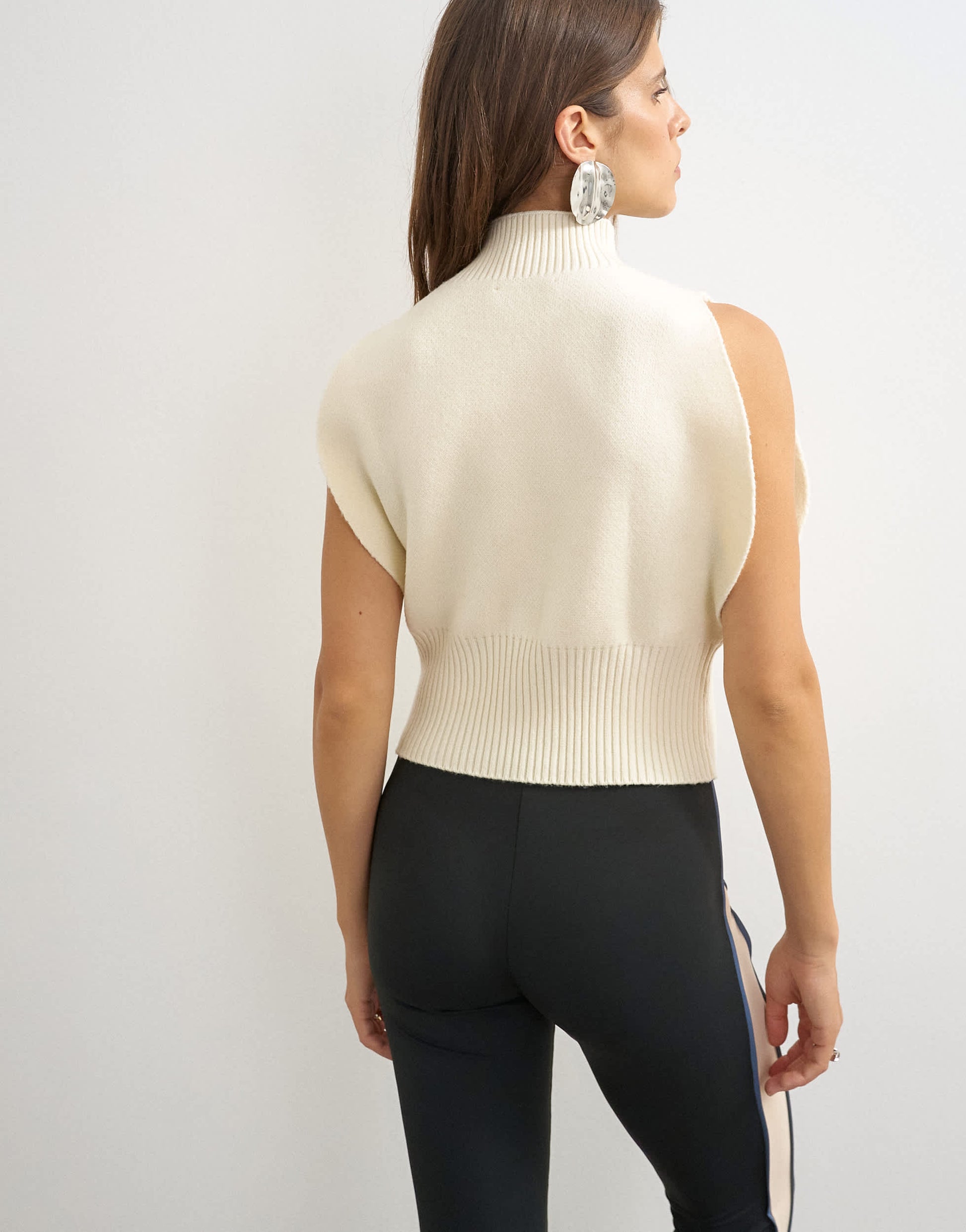 Topshop knitted sculpted sleeveless funnel neck jumper in ivory