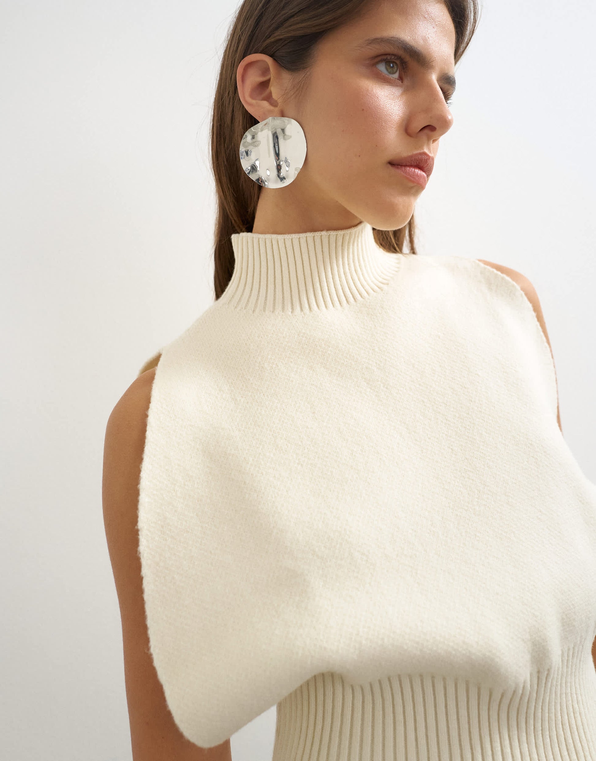 Topshop knitted sculpted sleeveless funnel neck jumper in ivory