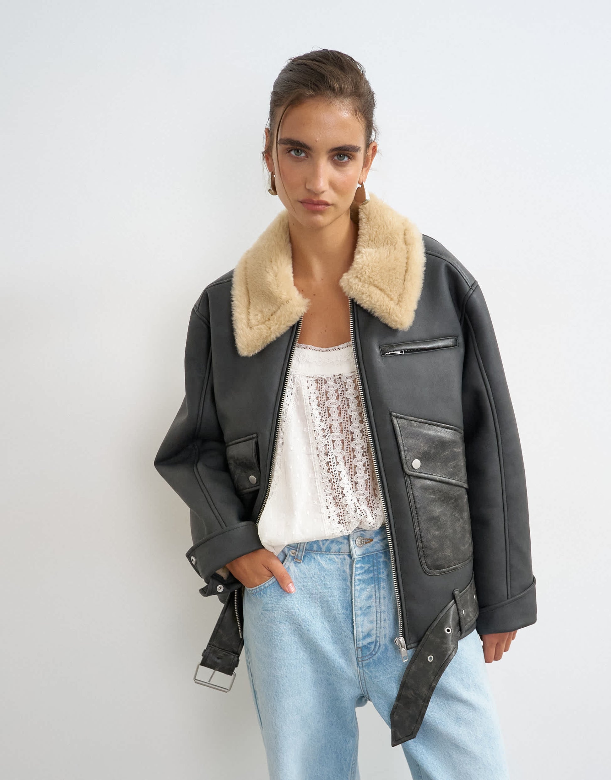 Topshop belted faux leather jacket in black and tan