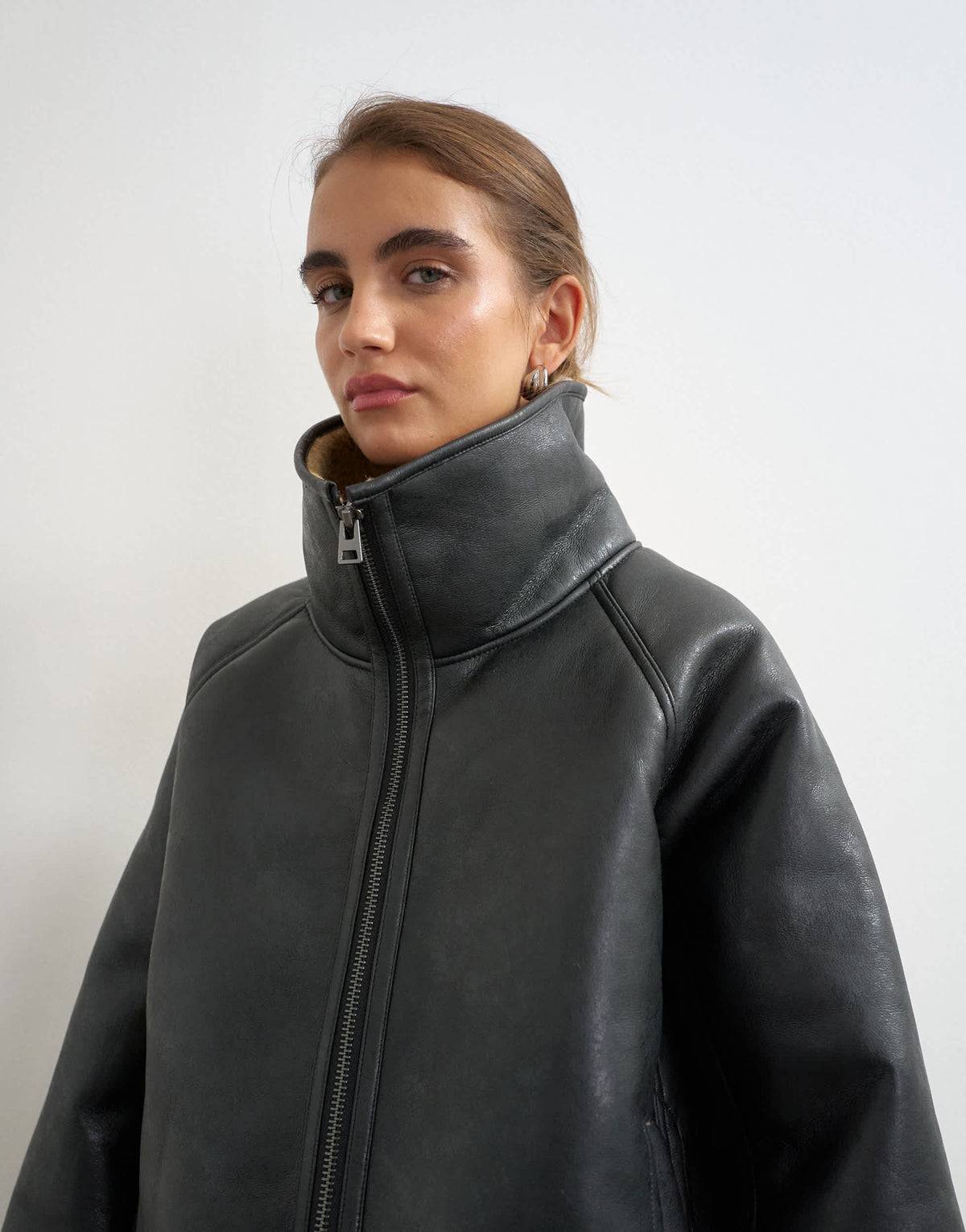 Topshop oversized belted faux leather jacket in black and tan