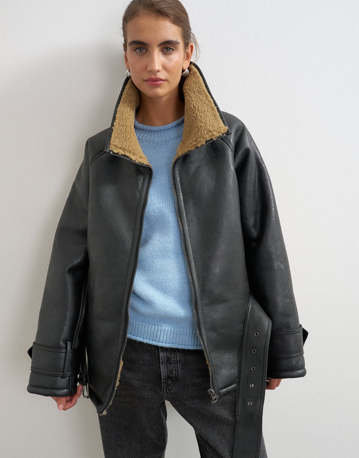 Topshop oversized belted faux leather jacket in black and tan