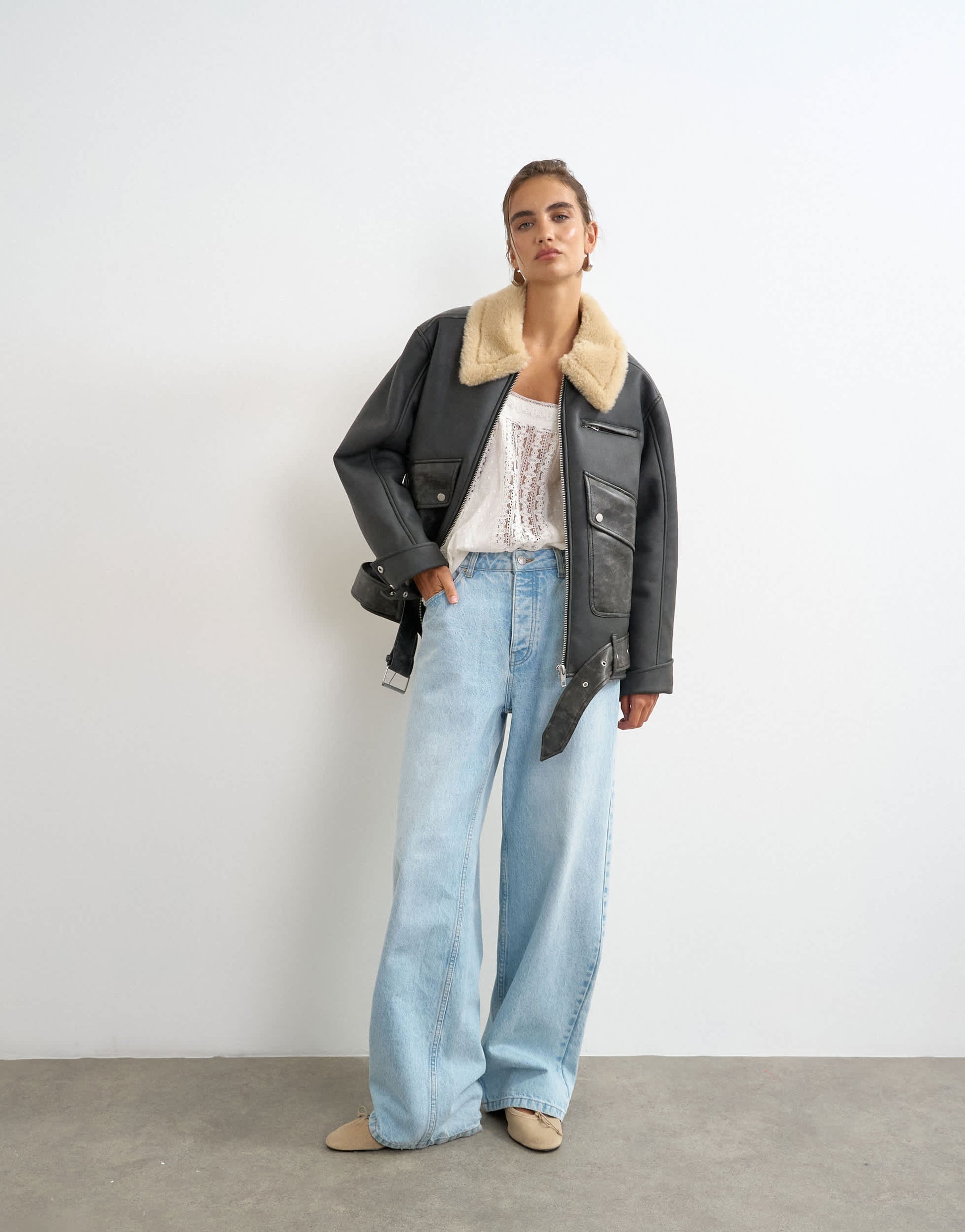 Topshop belted faux leather jacket in black and tan
