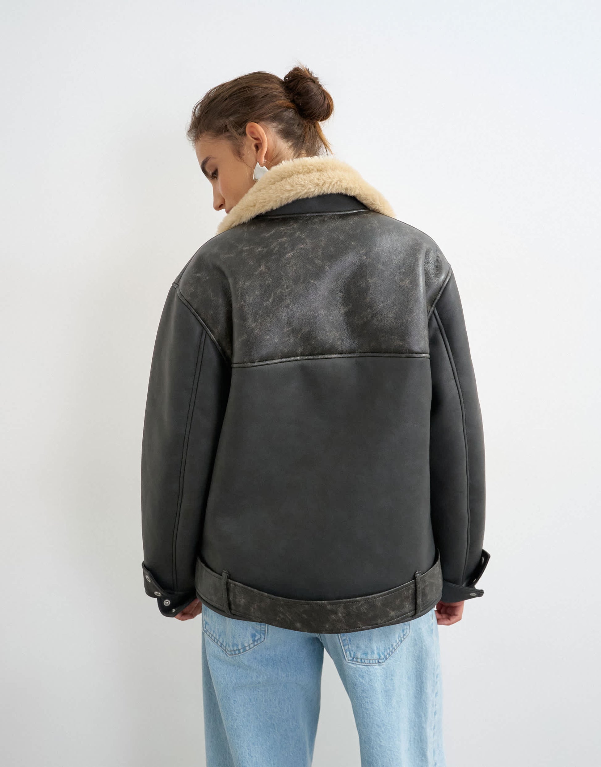 Topshop belted faux leather jacket in black and tan