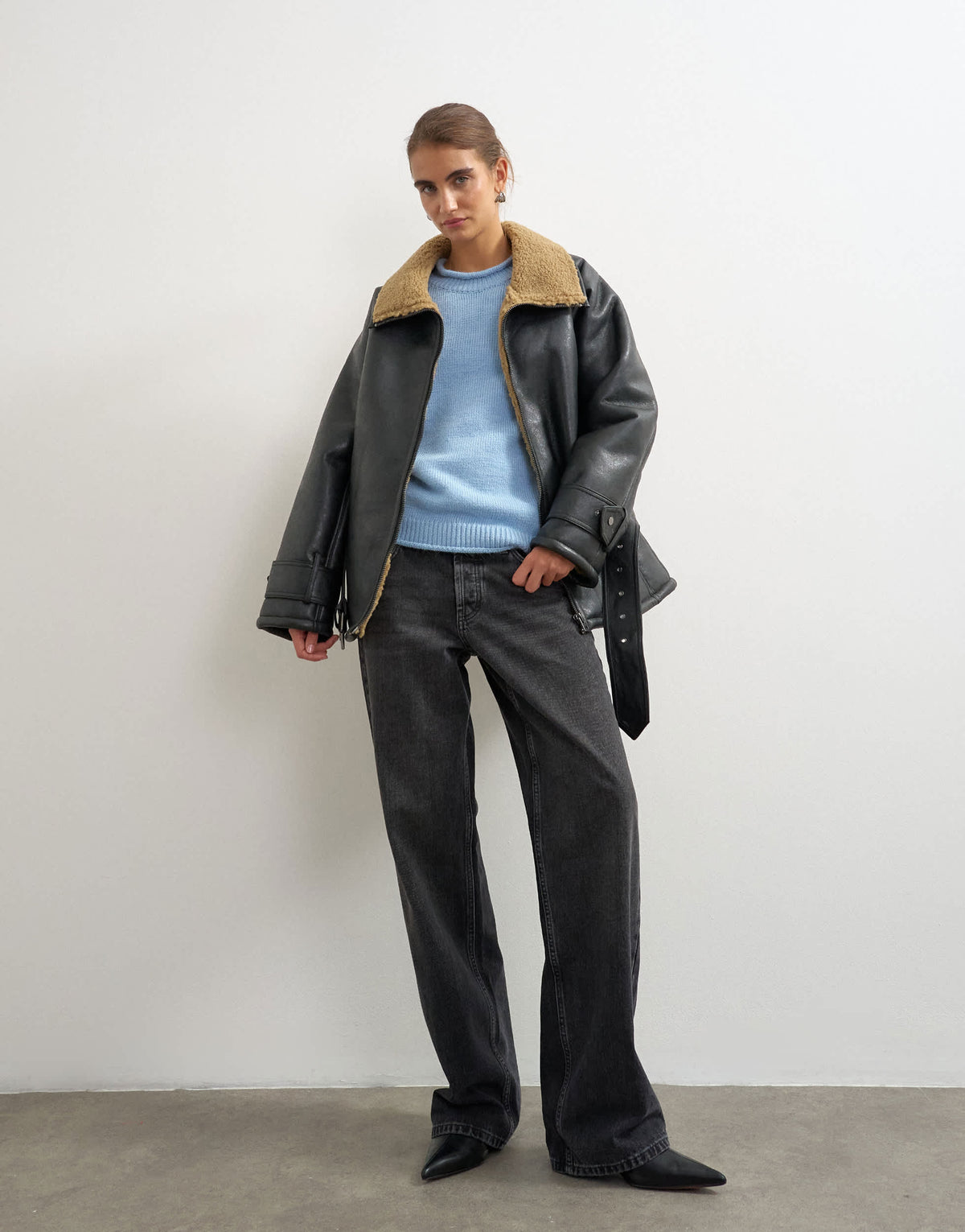 Topshop oversized belted faux leather jacket in black and tan