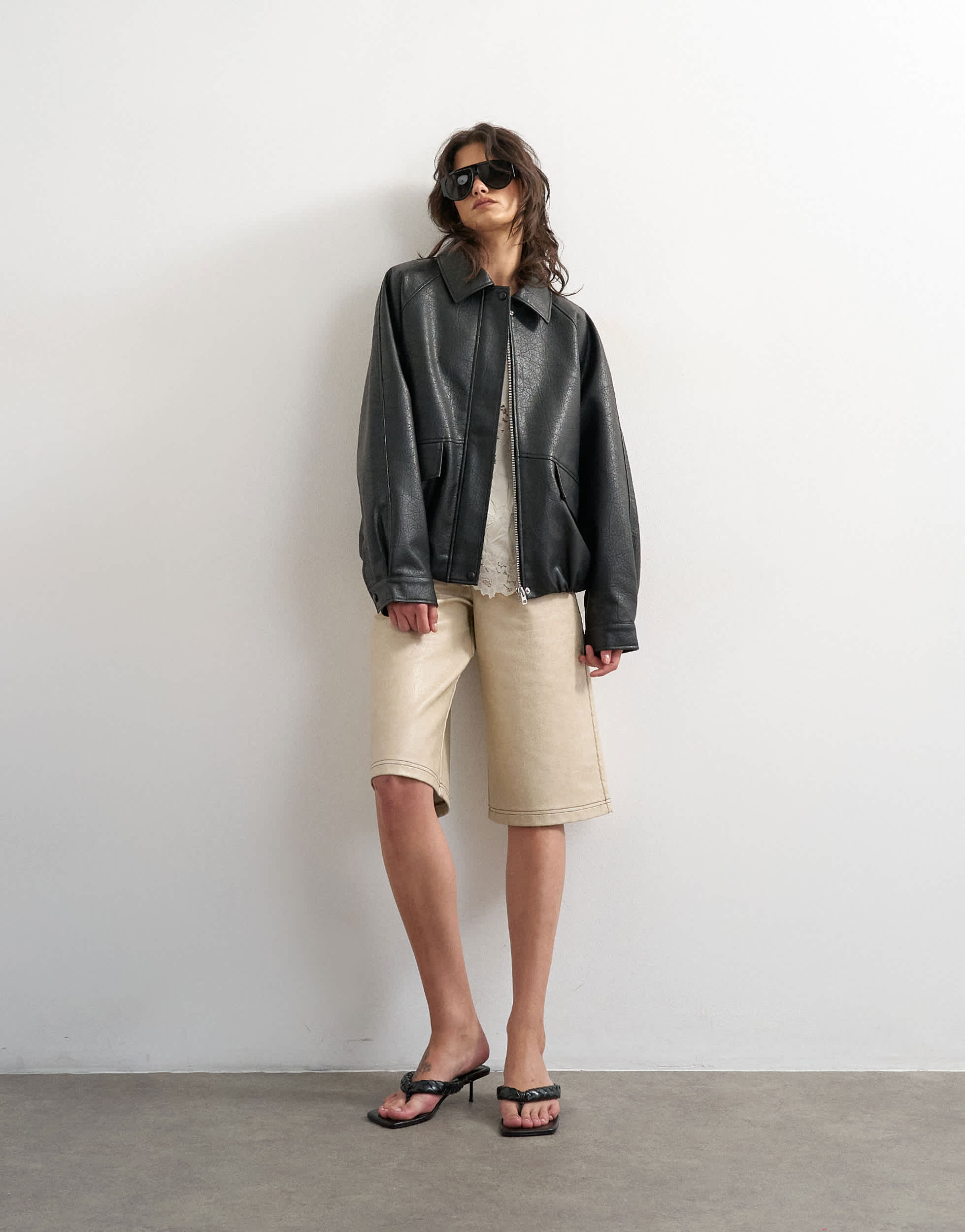 Topshop clean faux leather bomber jacket in black