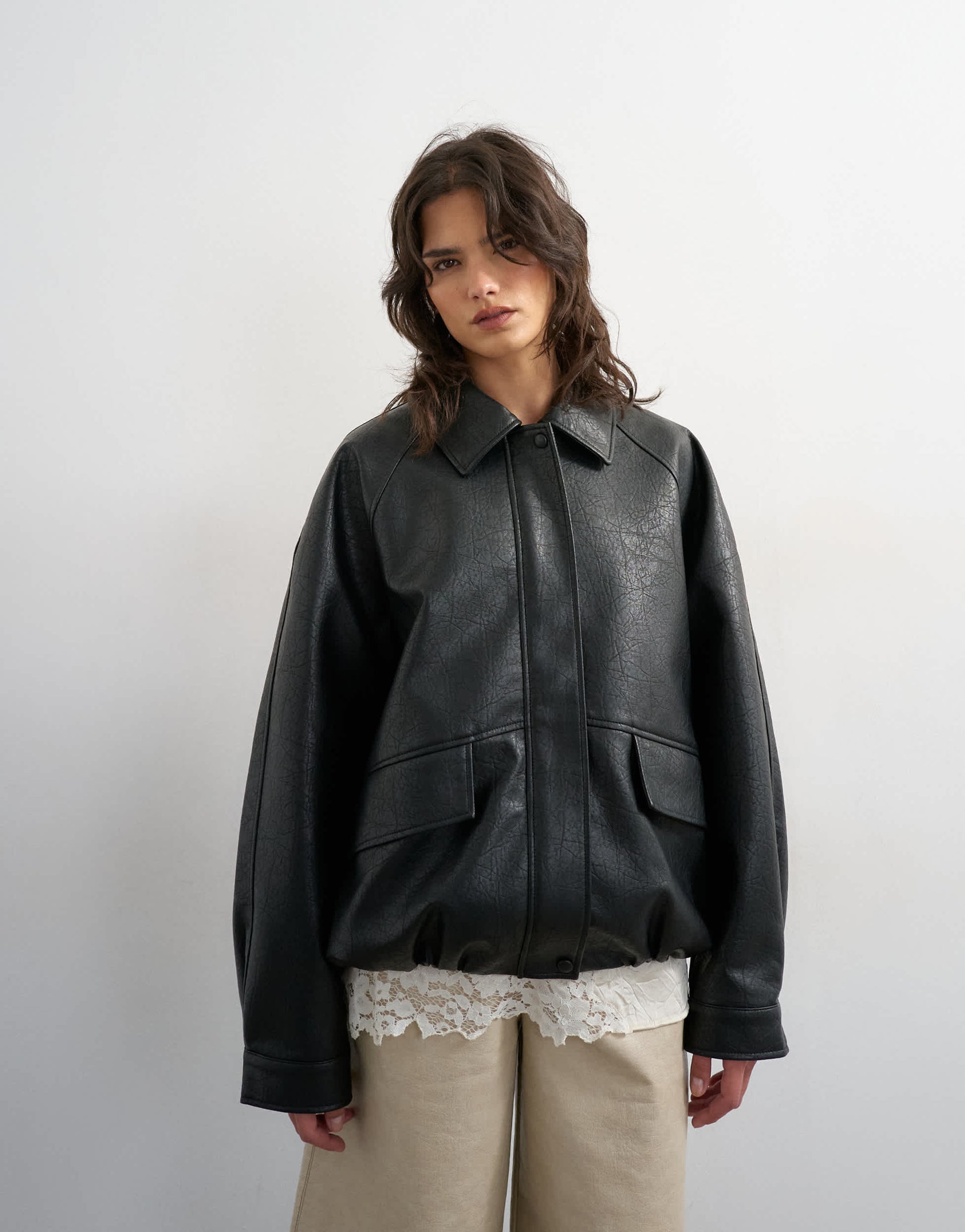 Topshop clean faux leather bomber jacket in black