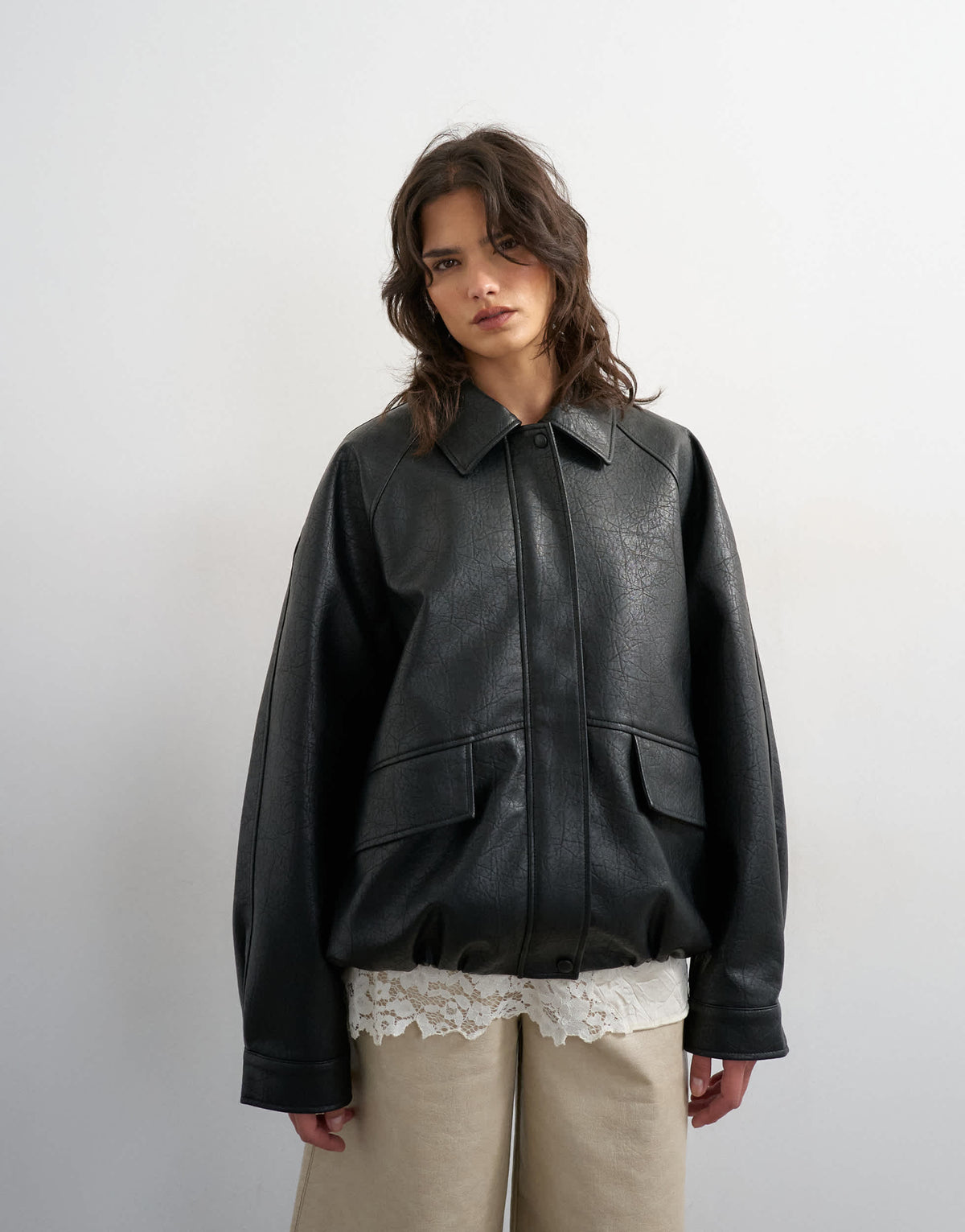 Topshop clean faux leather bomber jacket in black