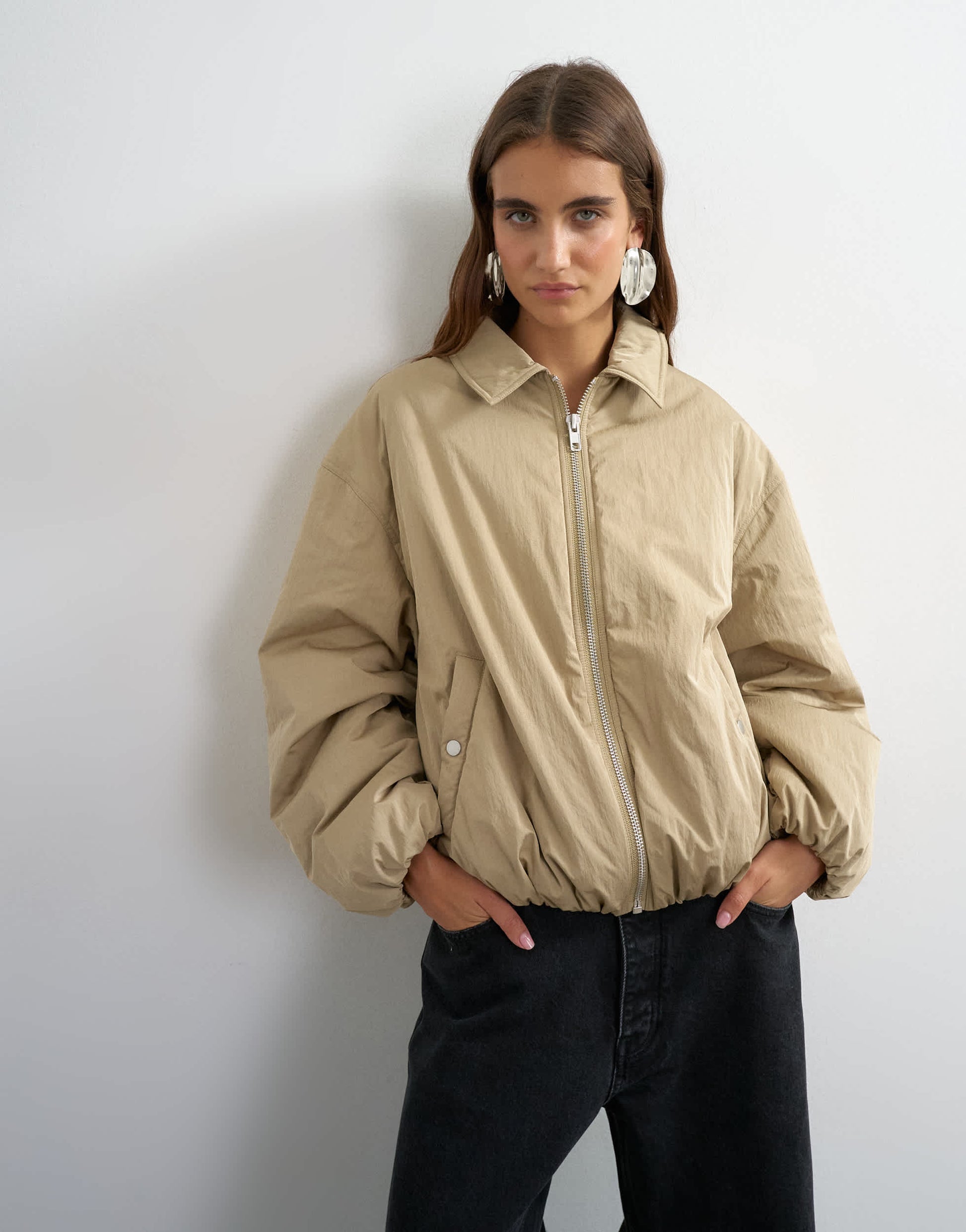 Topshop nylon bomber jacket in stone