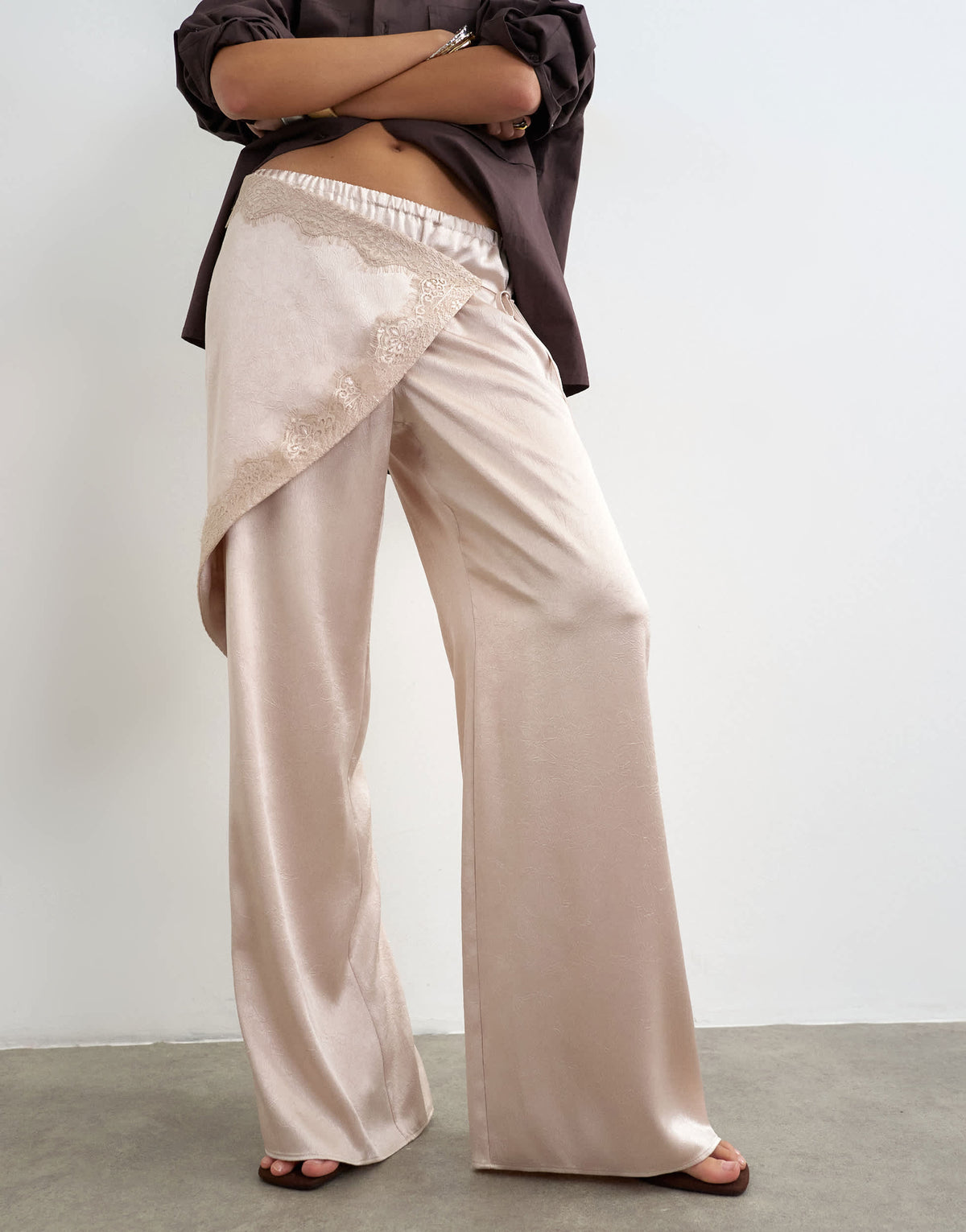Topshop satin wrap around lace detail trouser in oyster