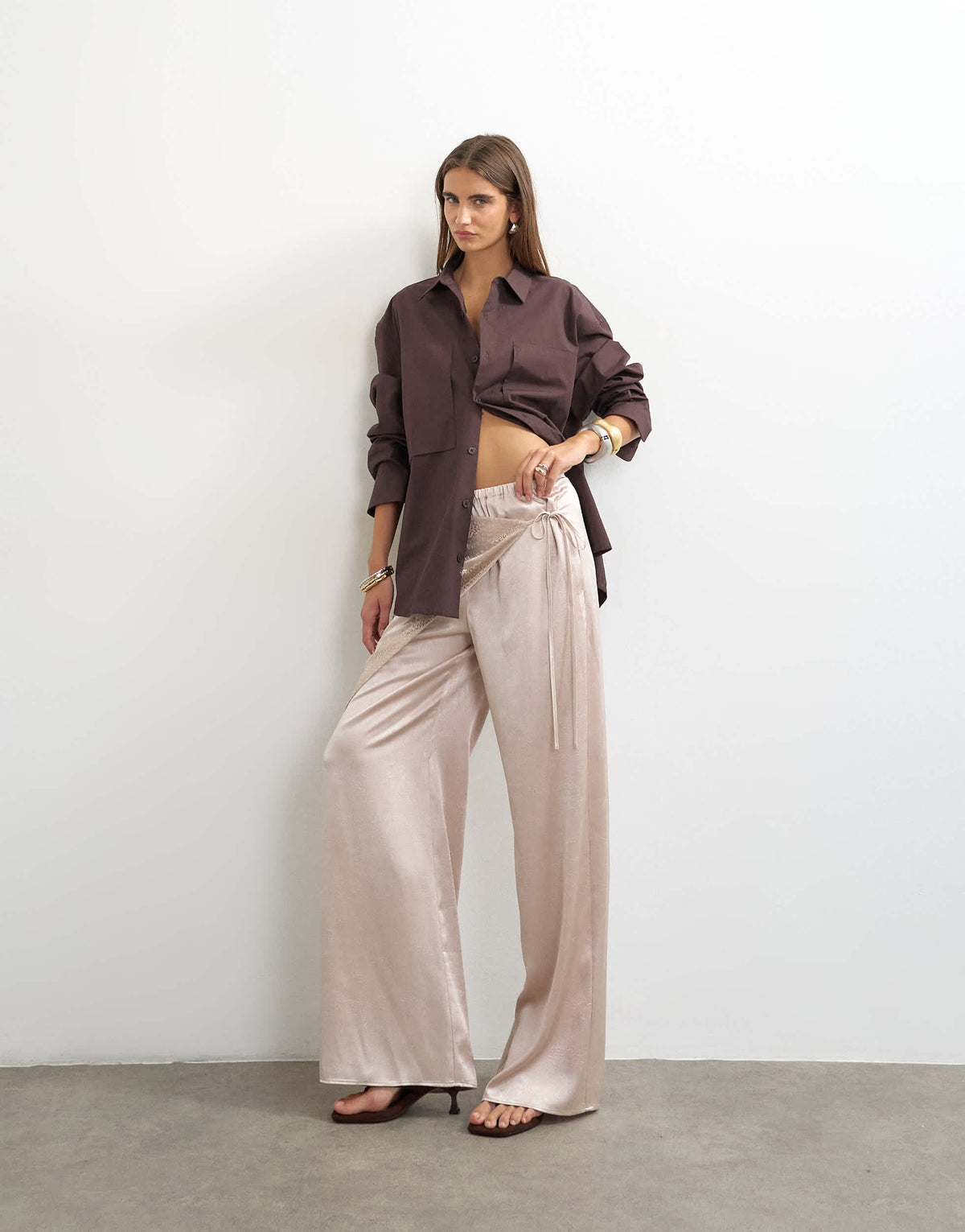 Topshop satin wrap around lace detail trouser in oyster